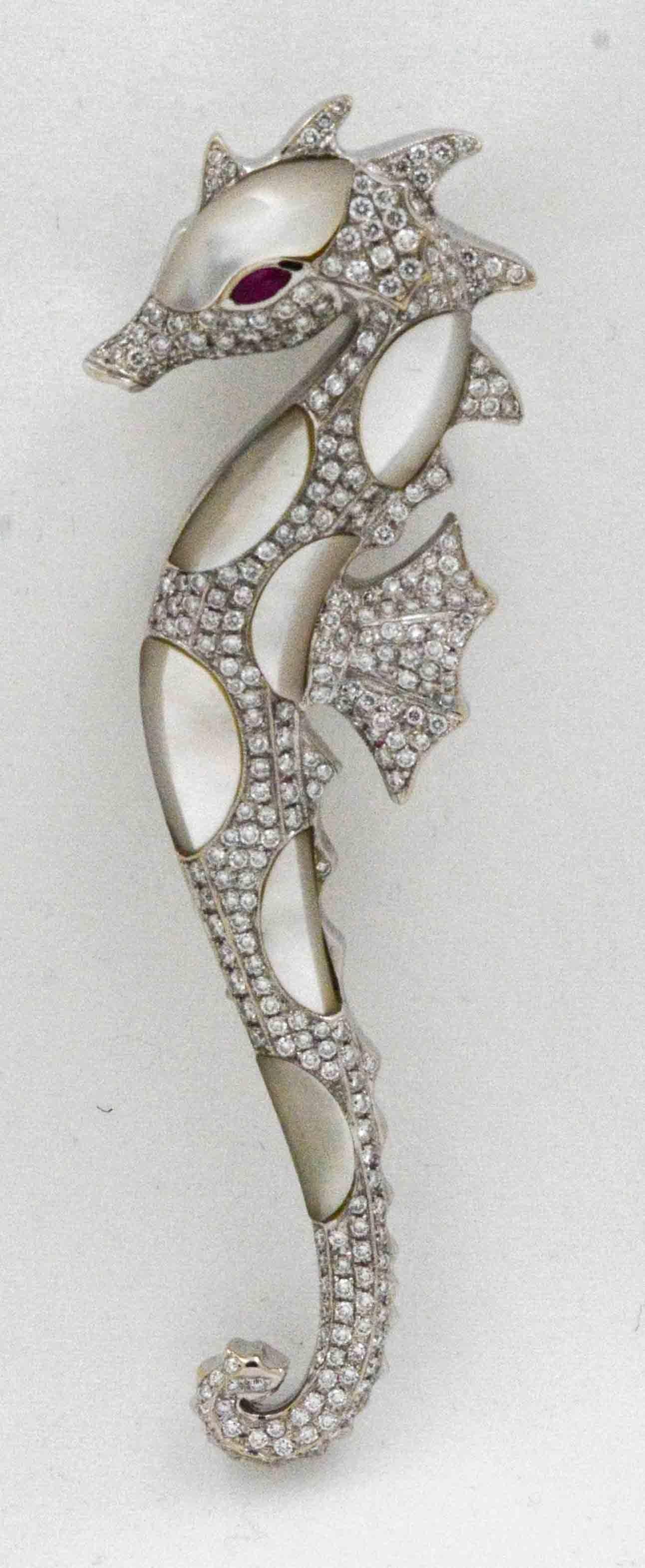 Women's 18 Karat White Gold Seahorse Abalone Shell 2.50 Carat Diamonds Brooch