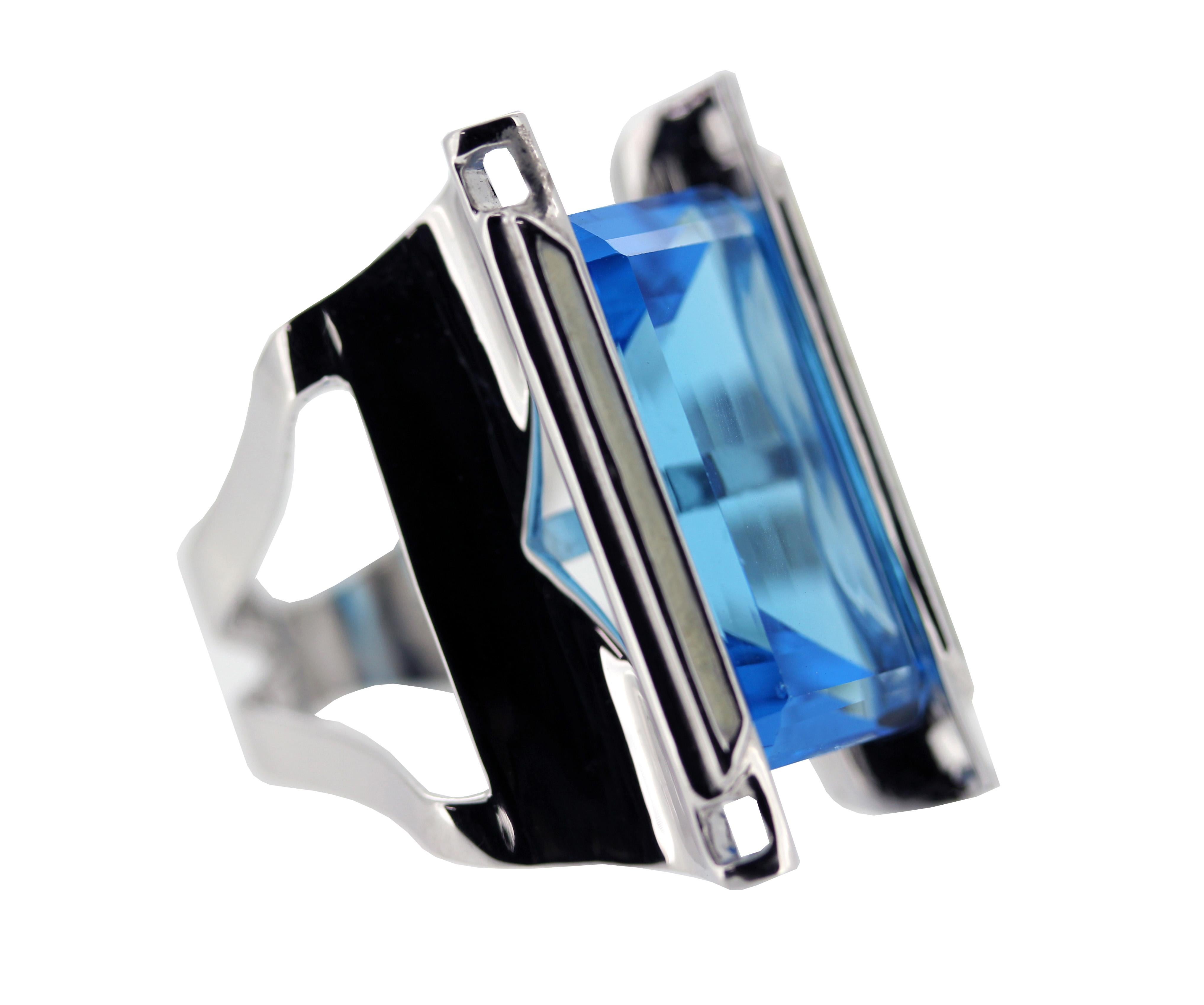 Emerald Cut MAIKO NAGAYAMA 23.99 Carat Swiss Blue Topaz 18K White Gold Cocktail Ring For Sale