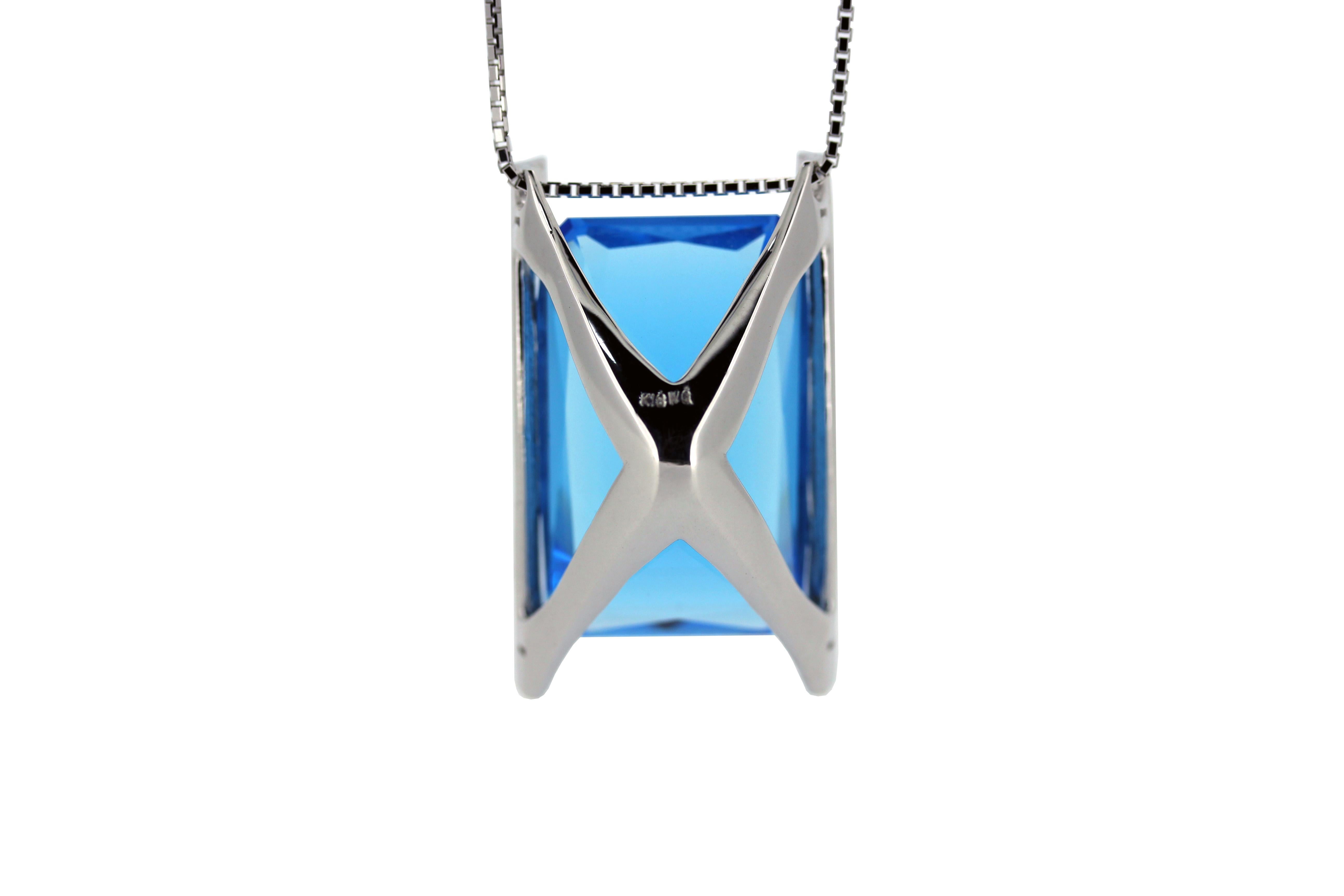 This modern handmade British-London Hallmarked 18 karat white gold delicate long chain necklace, set with 42.99 carat electric Swiss blue topaz is from MAIKO NAGAYAMA's Haute Couture Collection called 