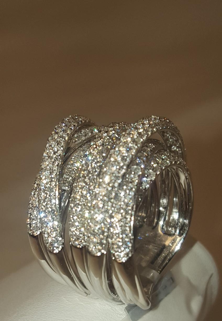 Contemporary 18 Karat White Gold Seven-Row Micro Pave Diamond Ring For Sale