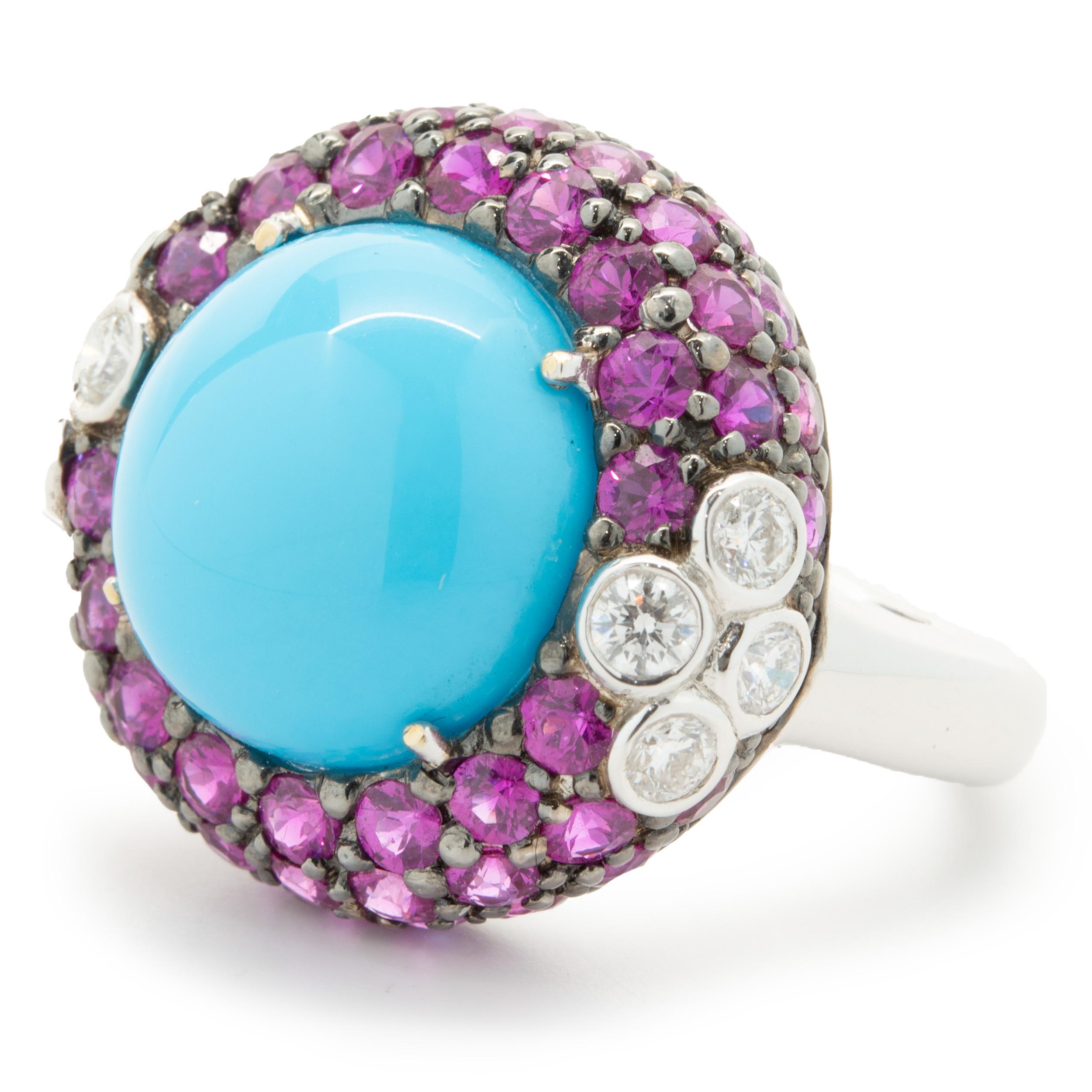 Designer: custom design
Material: 18K white gold
Diamond: 8 round brilliant cut = 0.60cttw
Color: F
Clarity: VS2
Ruby: 52 round cut = 4.20cttw
Dimensions: ring top measures 21.5mm wide
Ring Size: 6.5 (please allow two extra shipping days for sizing