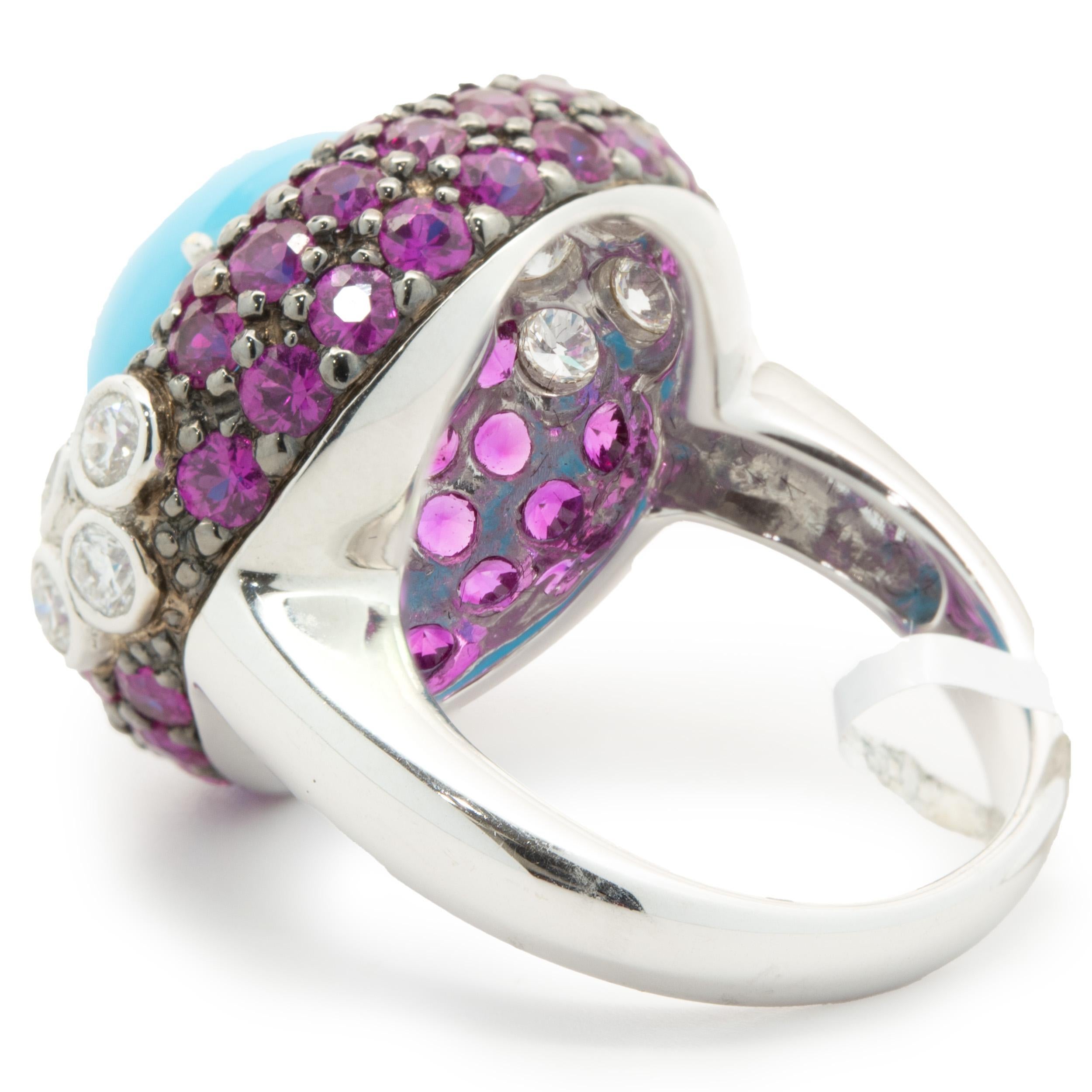 Round Cut 18 Karat White Gold Sleeping Beauty, Ruby, and Diamond Cocktail Ring For Sale