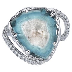 18 Karat White Gold Slice Tourmaline Diamond Ring