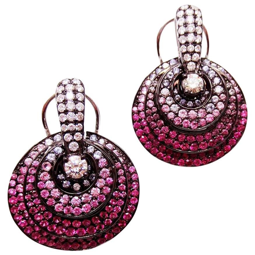 18 Karat White Gold Small Circle Earrings with Ruby, Pink Sapphire and Diamond For Sale