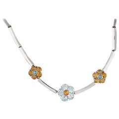 18 Karat White Gold Solid Bar Topaz and Citrine Flower Station Necklace