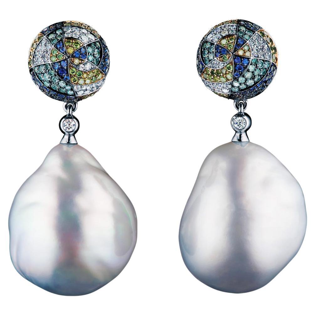 18 Karat White Gold South Sea Baroque Pearl, Diamonds and Sapphires Stud Earring
