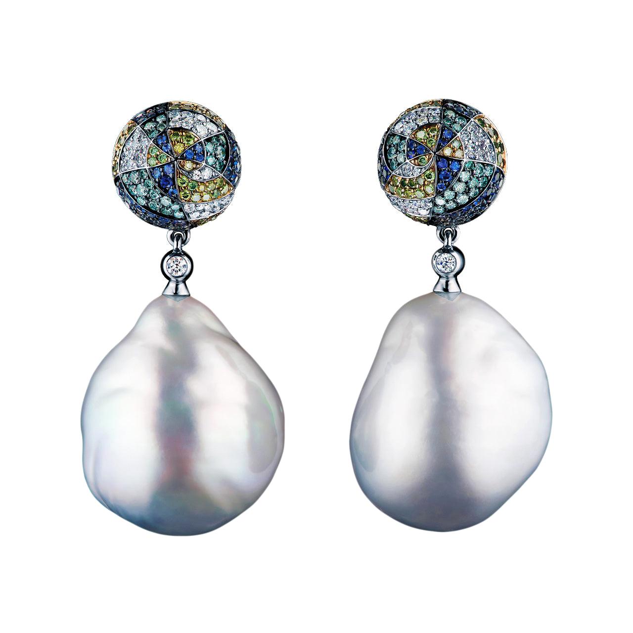 18 Karat White Gold South Sea Baroque Pearl Diamonds and Sapphires Stud Earrings For Sale