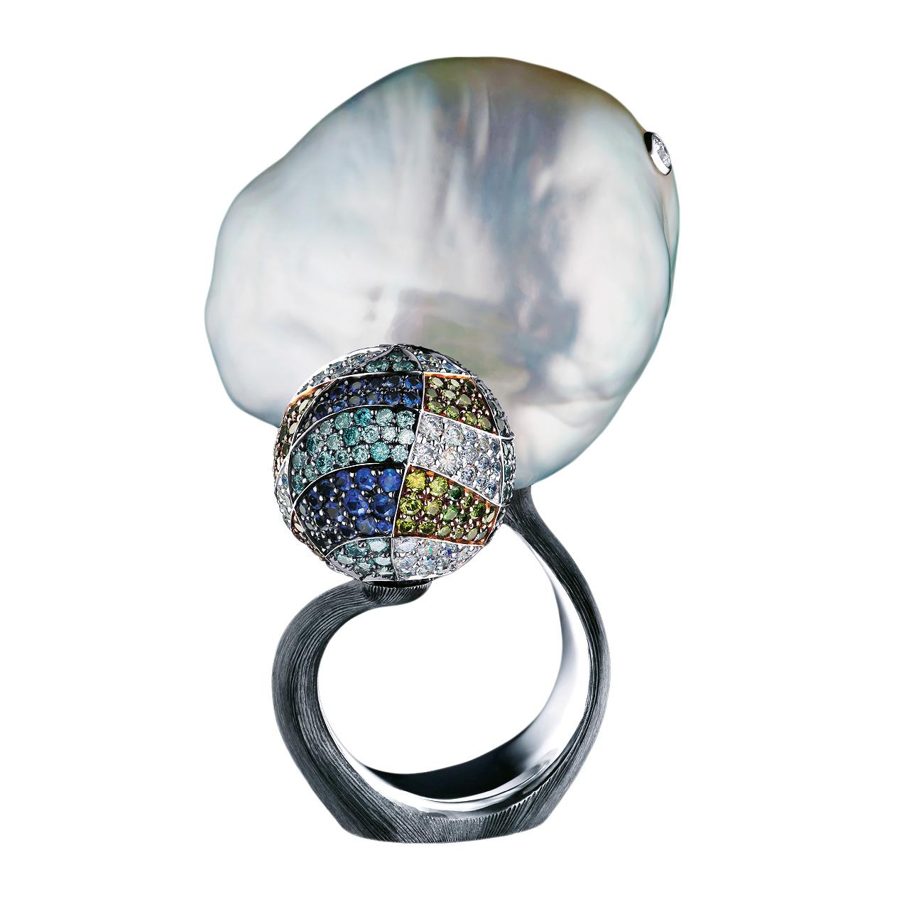18 Karat White Gold South Sea Baroque Pearl, Diamonds, Sapphires Cocktail Ring For Sale