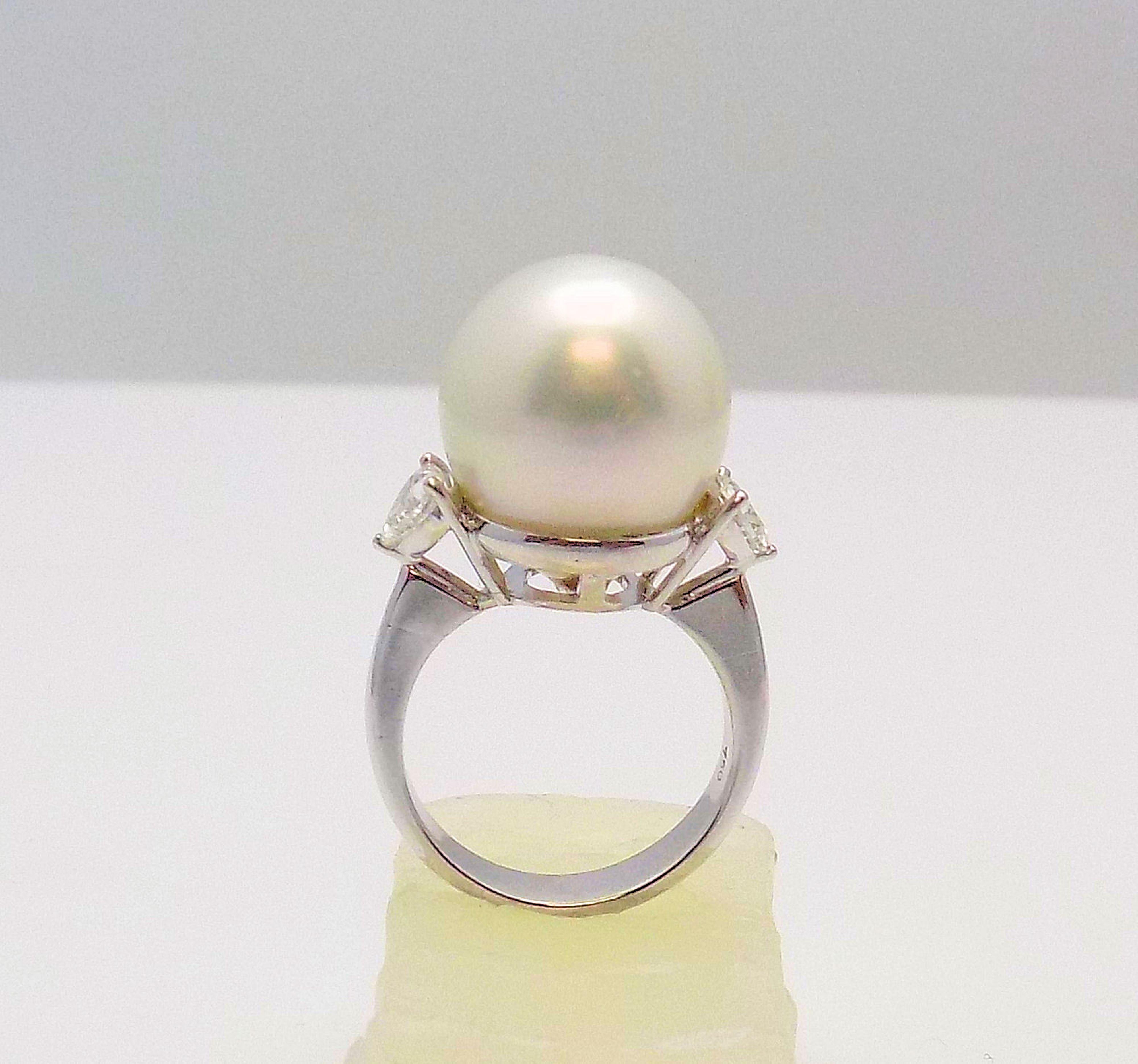 Women's 18 Karat White Gold South Sea Cultured Pearl and Diamond Ring For Sale