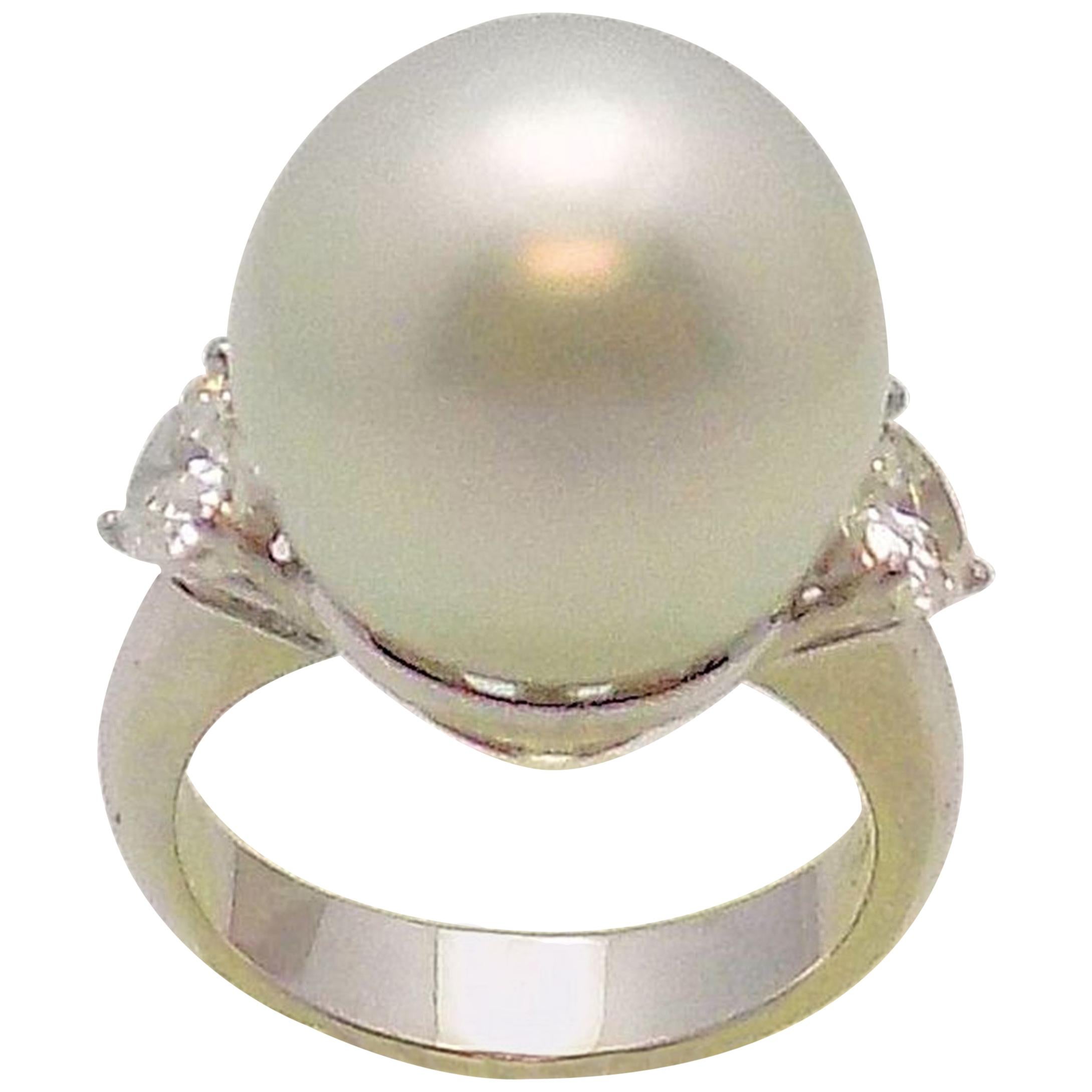18 Karat White Gold South Sea Cultured Pearl and Diamond Ring For Sale