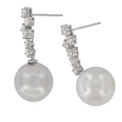 18 Karat White Gold South Sea Pearl and 1.05 Cttw Diamond Drop Earrings