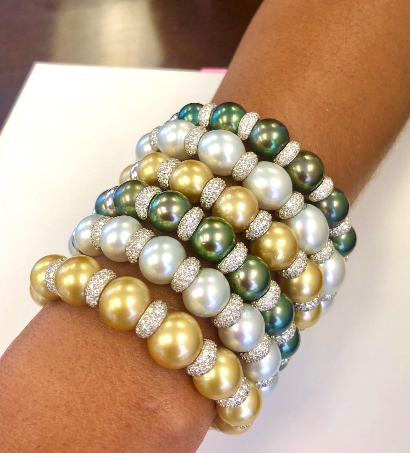 18 Karat White Gold South Sea Pearl and Diamond Bangle Bracelet For Sale 5