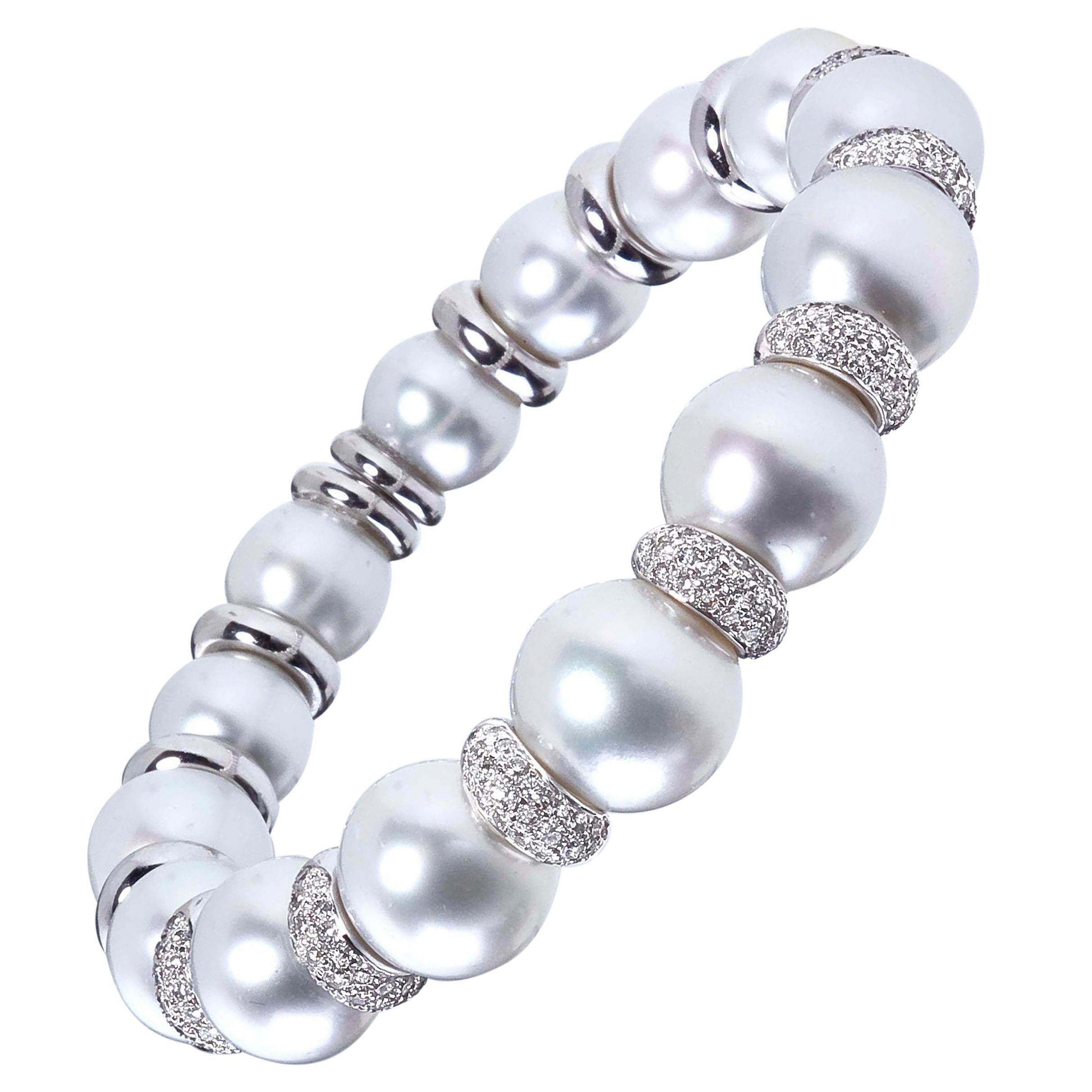 18 Karat White Gold South Sea Pearl and Diamond Bangle Bracelet For Sale