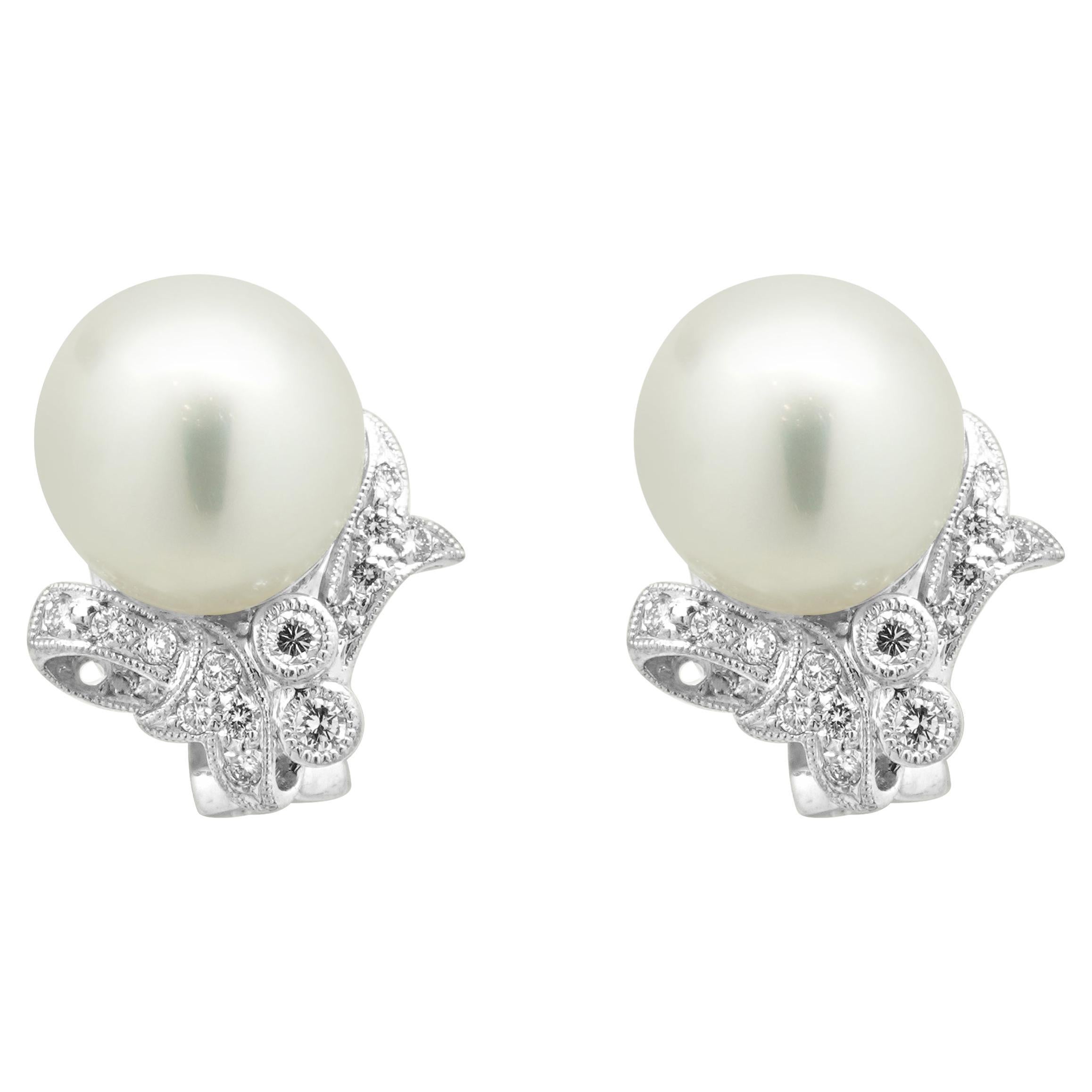 18 Karat White Gold South Sea Pearl and Diamond Bow Earrings