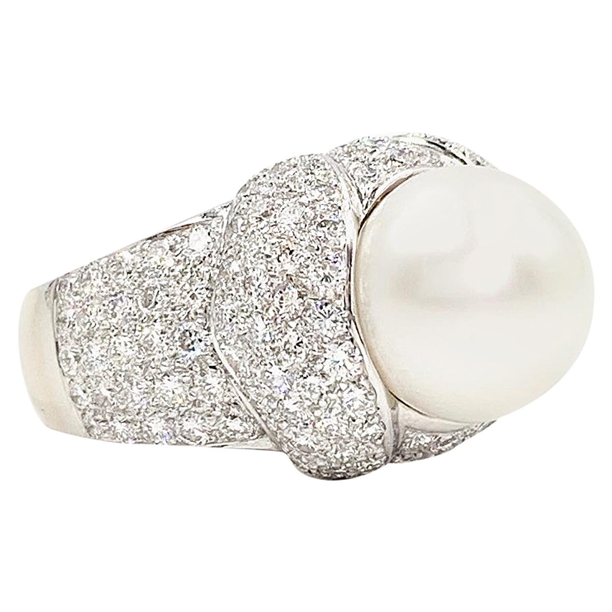 18 Karat White Gold South Sea Pearl and Diamond Cocktail Ring For Sale