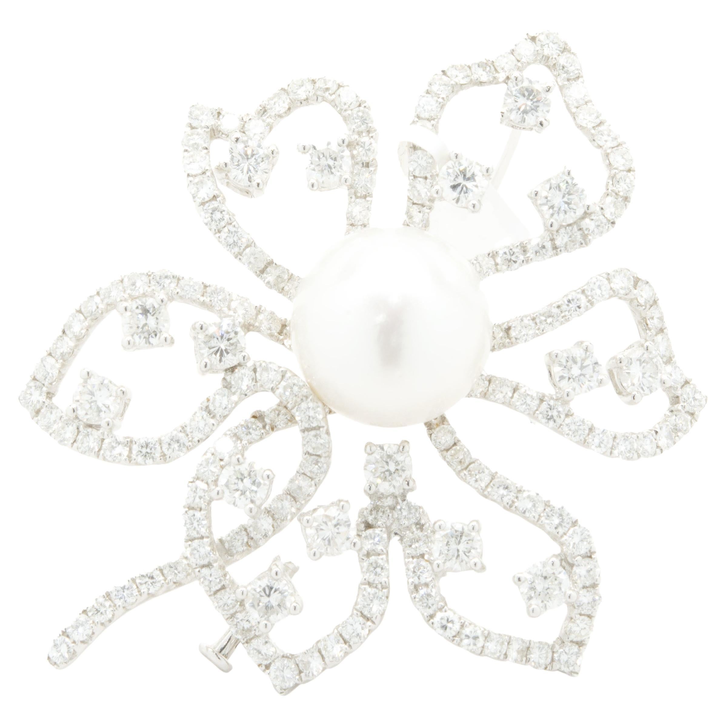 18 Karat White Gold South Sea Pearl and Diamond Flower Pin For Sale