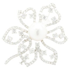 18 Karat White Gold South Sea Pearl and Diamond Flower Pin
