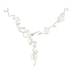 18 Karat White Gold South Sea Pearl and Diamond Ribbon Necklace