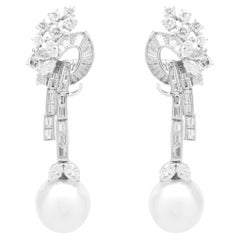 18 Karat White Gold South Sea Pearl and Diamond Vintage Art Deco Drop Earrings