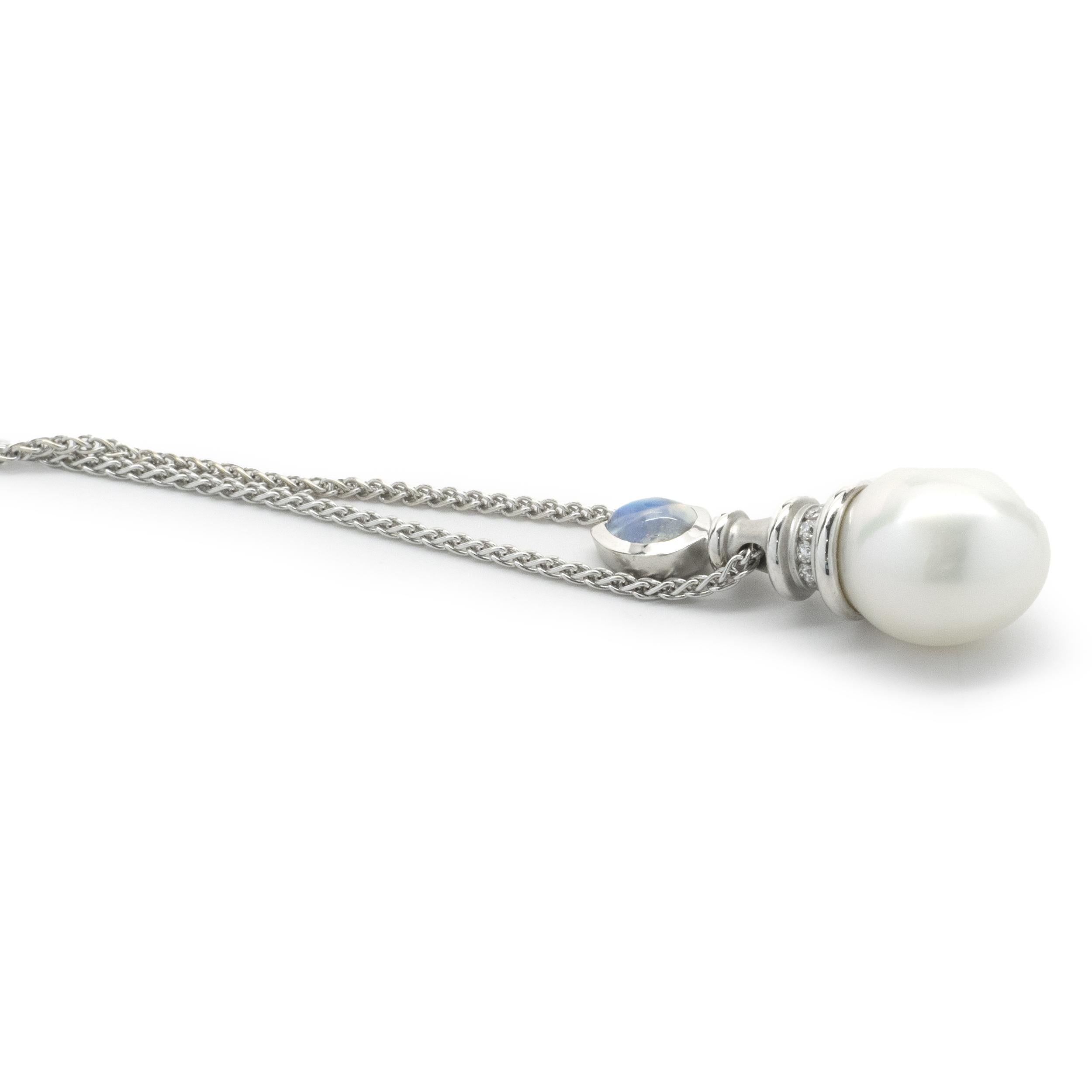 Round Cut 18 Karat White Gold South Sea Pearl, Diamond and Moonstone Drop Necklace For Sale