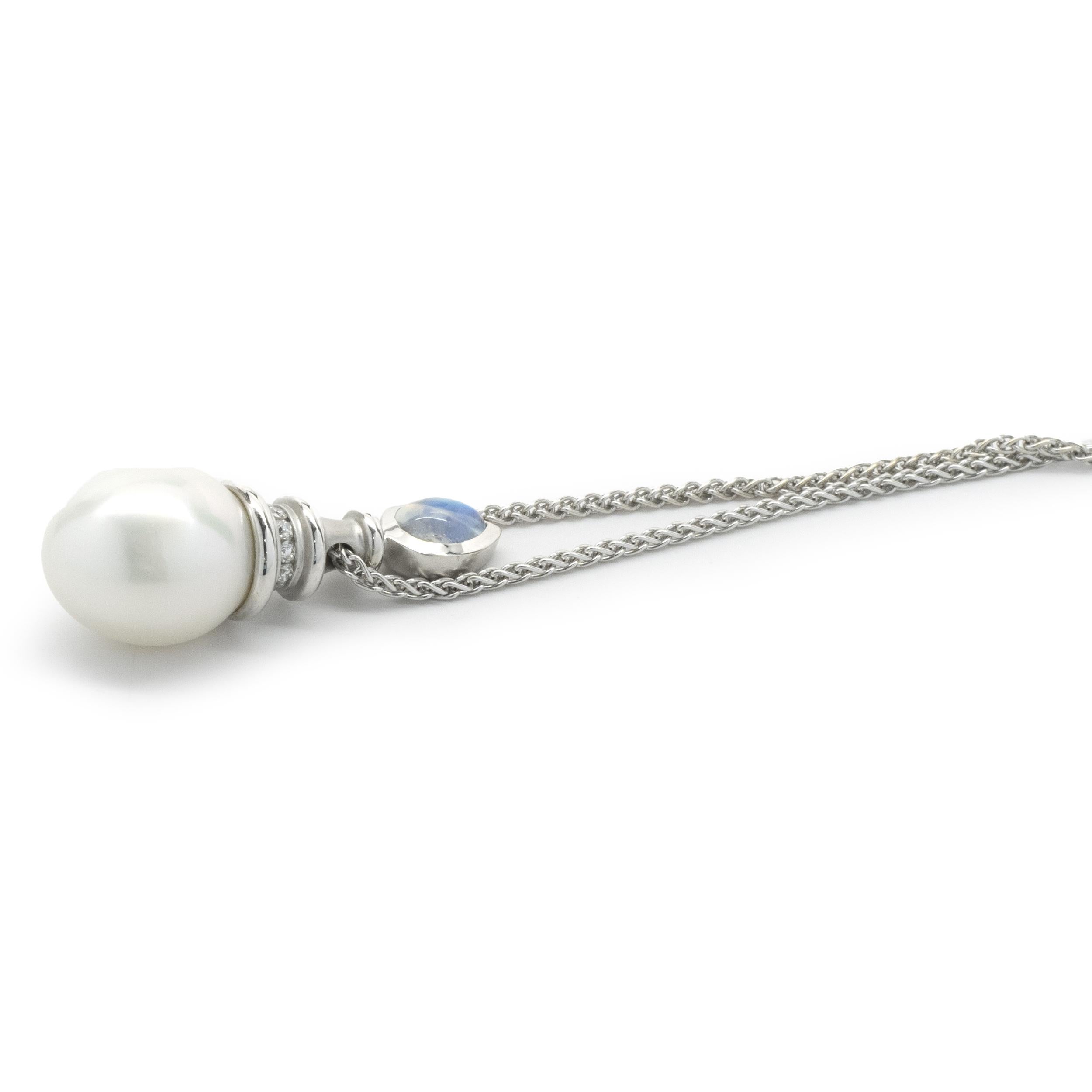 18 Karat White Gold South Sea Pearl, Diamond and Moonstone Drop Necklace In Excellent Condition For Sale In Scottsdale, AZ