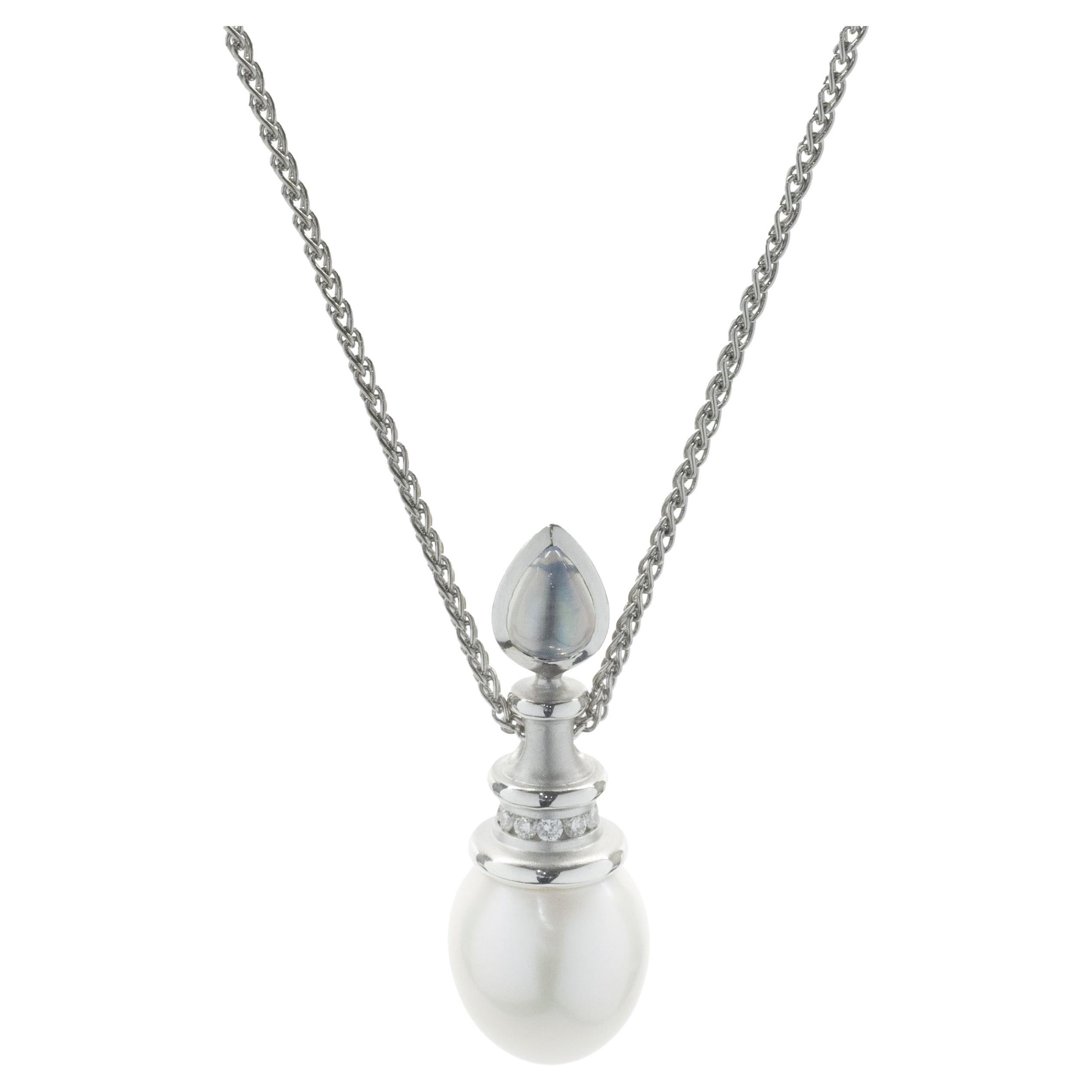 18 Karat White Gold South Sea Pearl, Diamond and Moonstone Drop Necklace For Sale