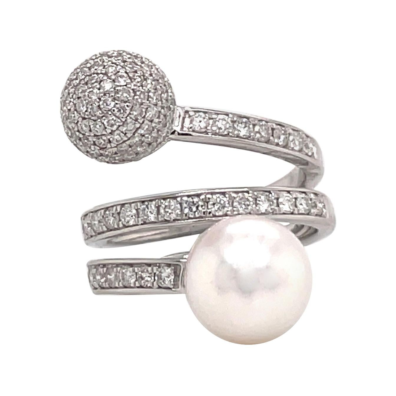 18 Karat White Gold South Sea Pearl & Diamond Ball Ring 1.05 Carats For Sale
