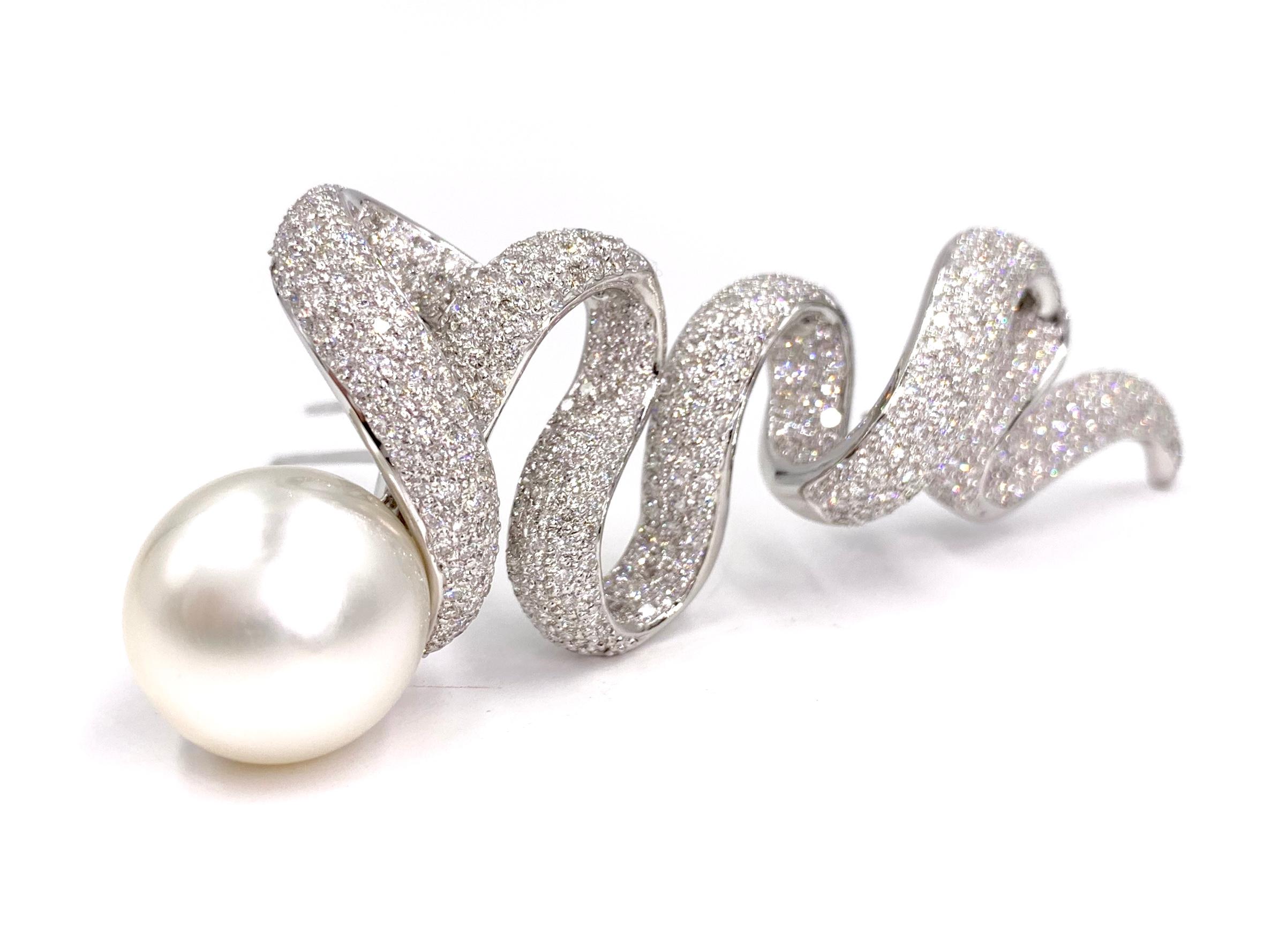 Contemporary 18 Karat White Gold South Sea Pearl and Diamond Large Swirl Brooch