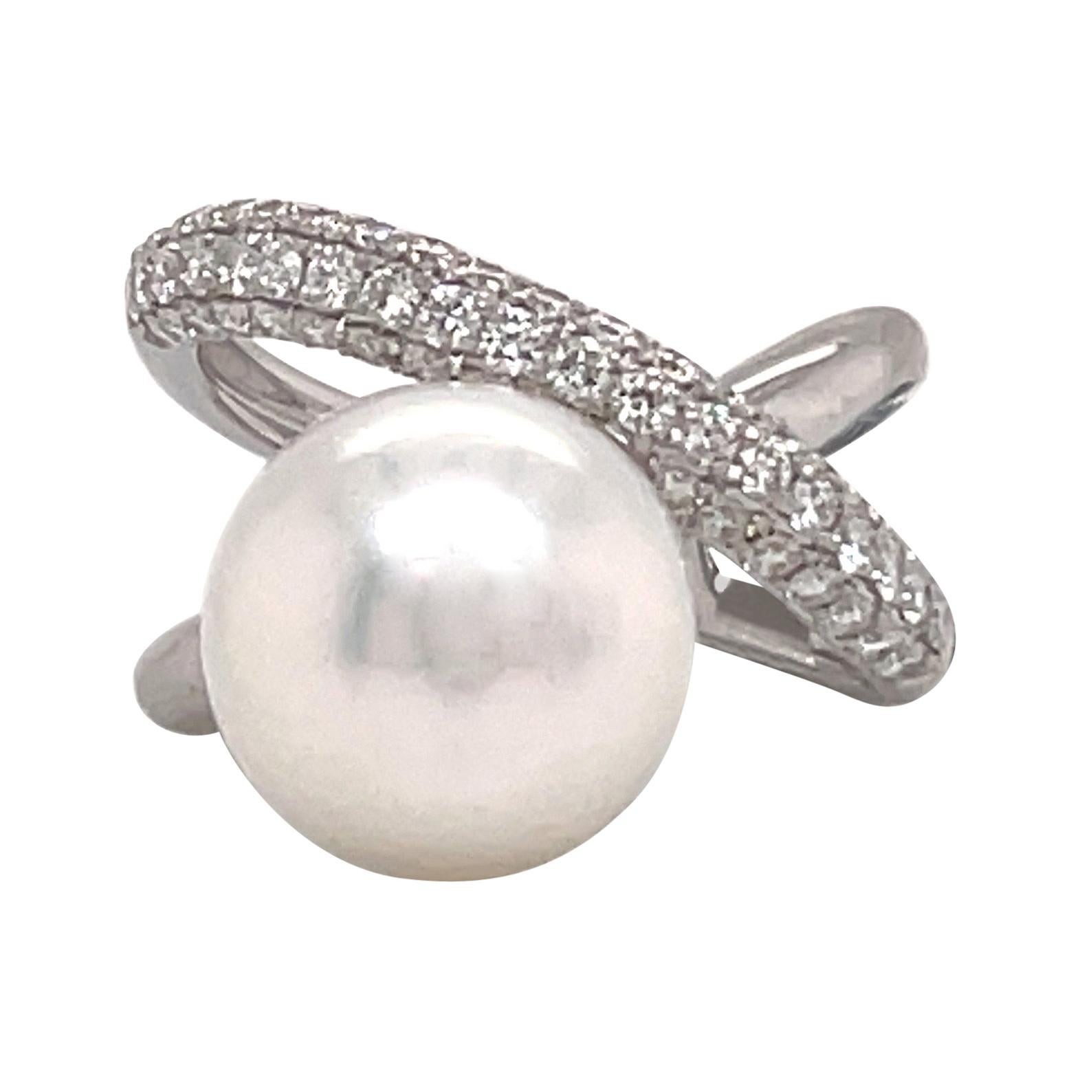 18 Karat White Gold South Sea Pearl Diamond X Ring 0.76 Carats For Sale