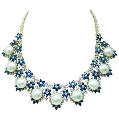 18 Karat White Gold South Sea Pearl Sapphire and Diamond Necklace 18 Karat White Gold South Sea Pearl Sapphire and Diamond Necklace