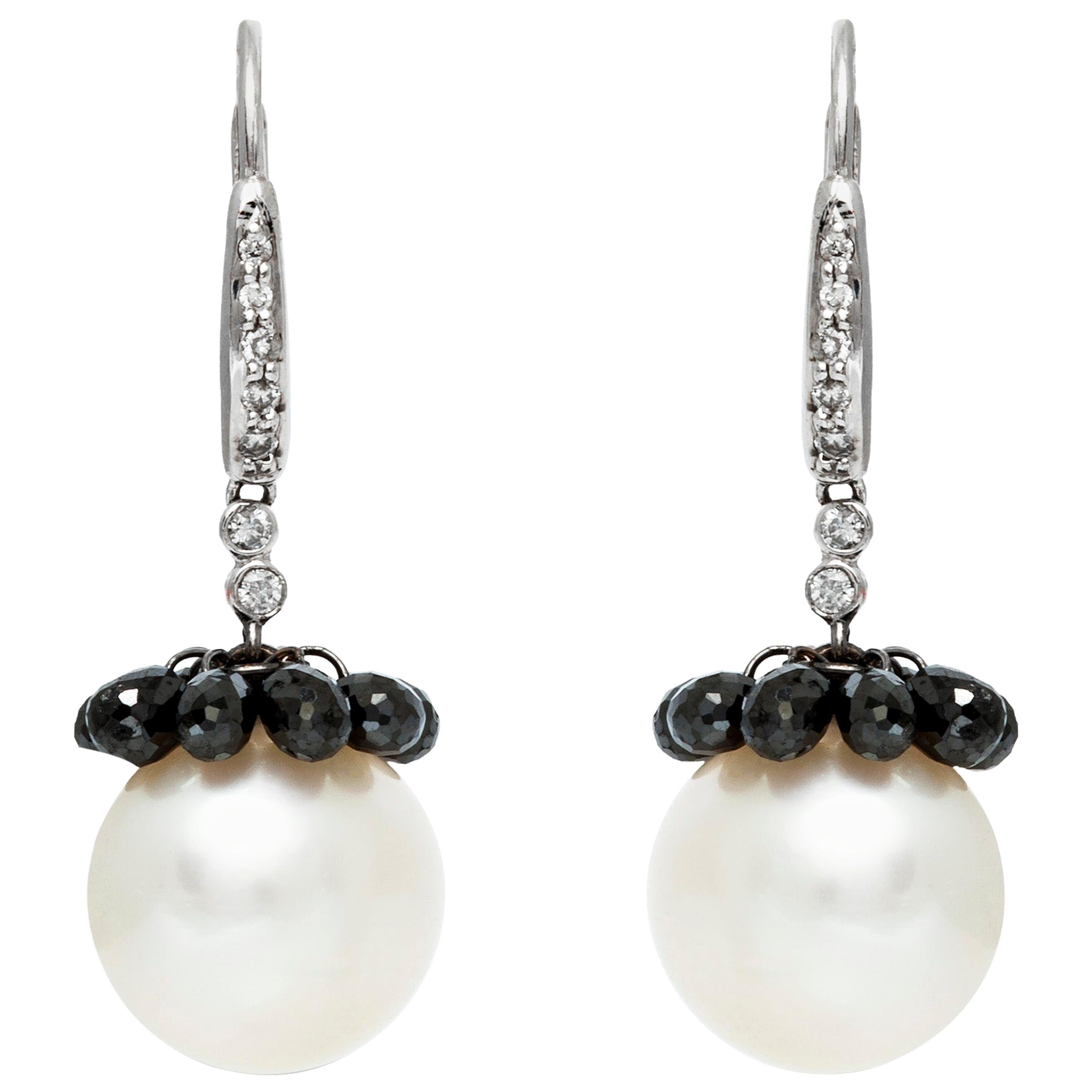 18 Karat White Gold Southsea Pearl and Black Diamonds Drop Earrings