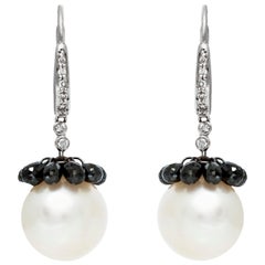 Retro 18 Karat White Gold Southsea Pearl and Black Diamonds Drop Earrings