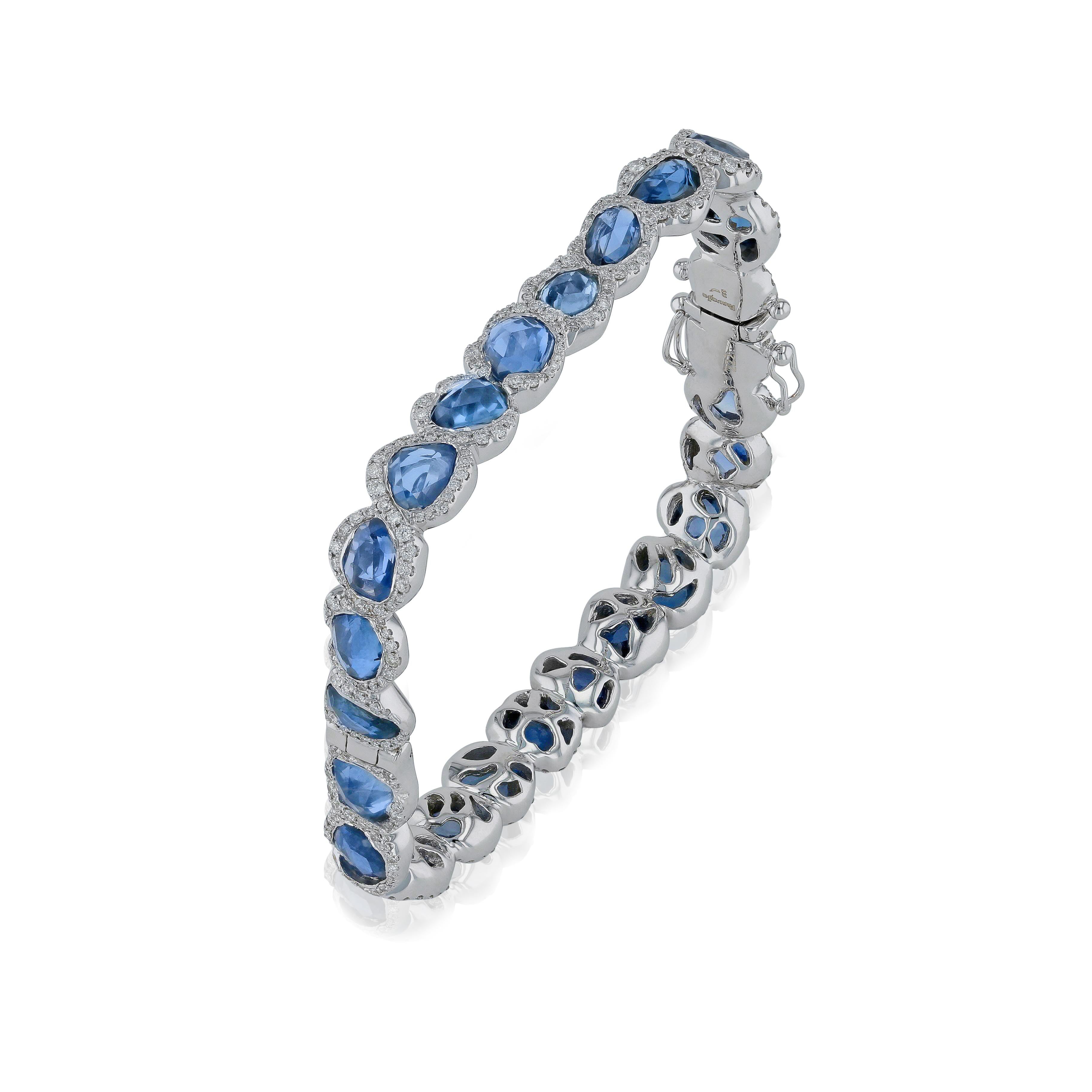 Arts and Crafts 18 Karat White Gold Square Bangle with Blue Sapphires For Sale