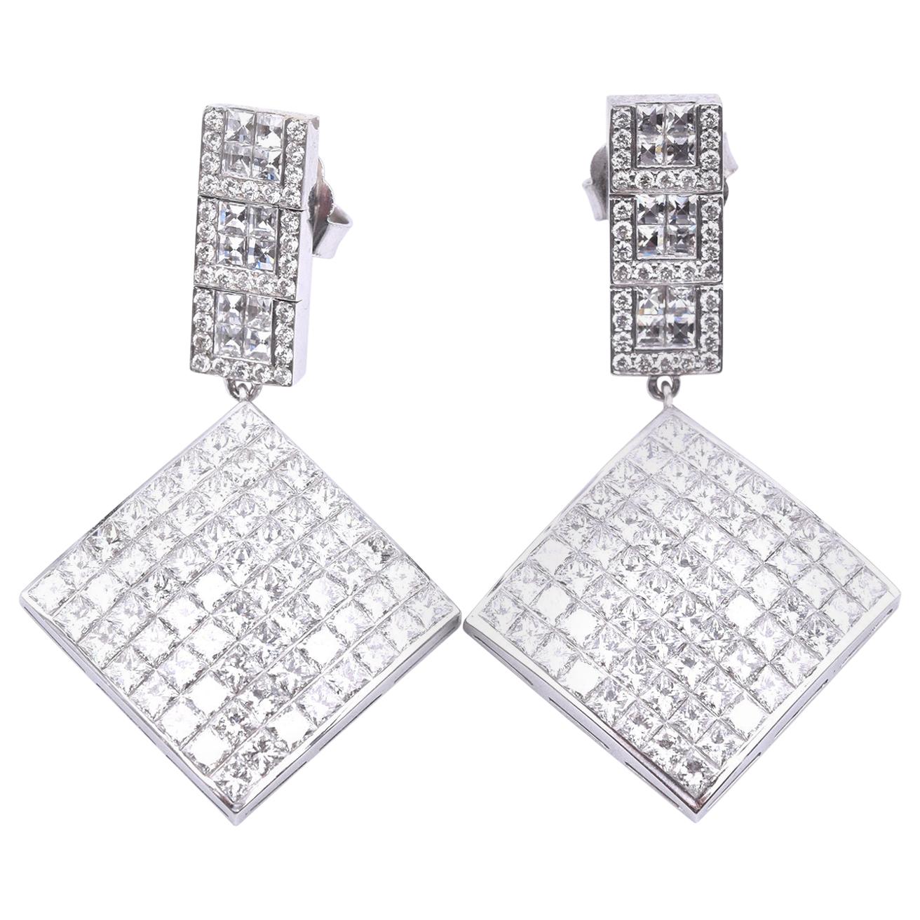 18 Karat White Gold Square Invisible Set Diamond Drop Earrings