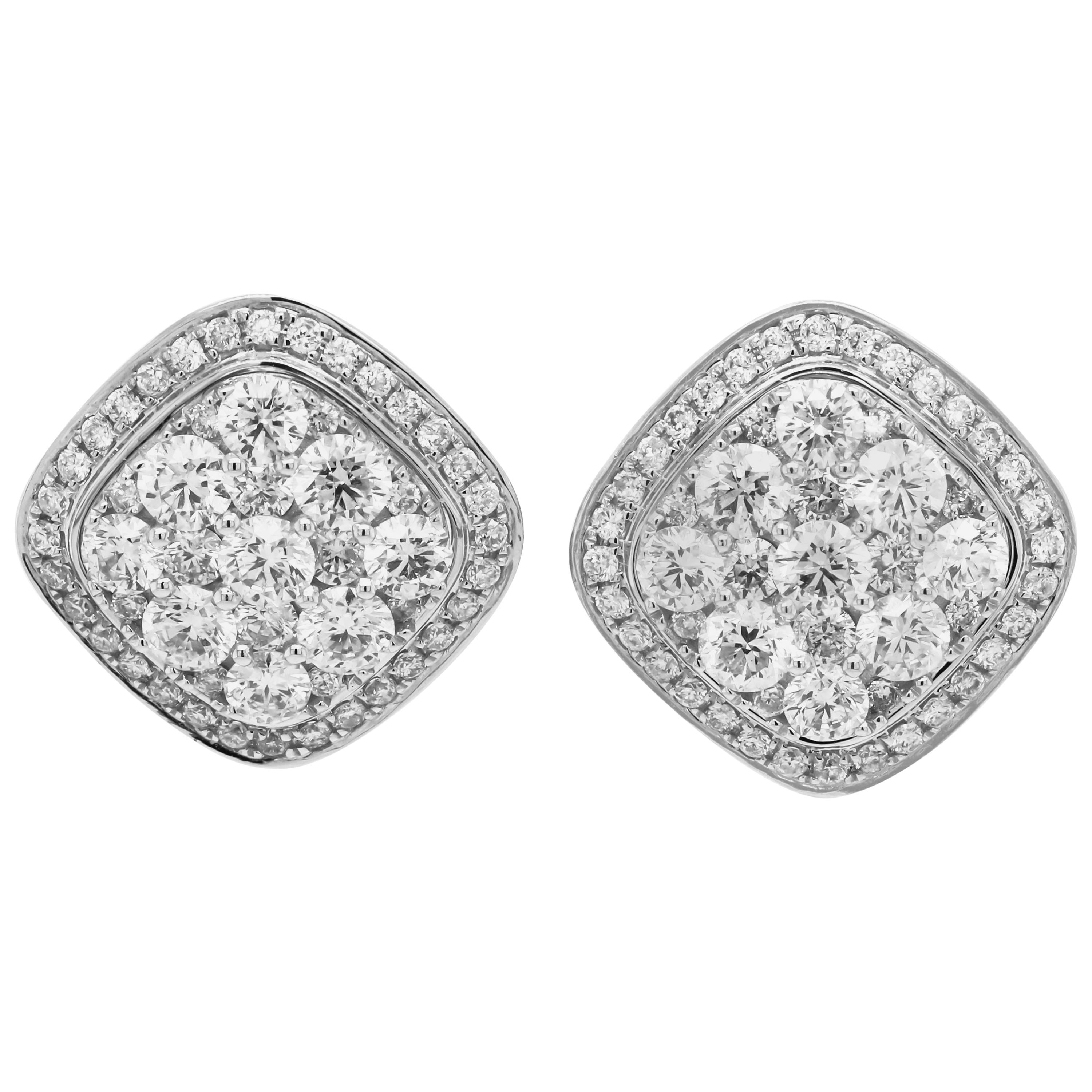 18 Karat White Gold Square Stud Earrings with Round Diamonds