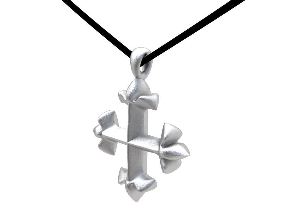 18 Karat White Gold St. Mary's Fleur Di Lys Pendant Necklace, From their stained glass window. This beautiful cross became this free hanging pendant.  Matte finished.  This is on a 32 inch ultra suede flat 1/8