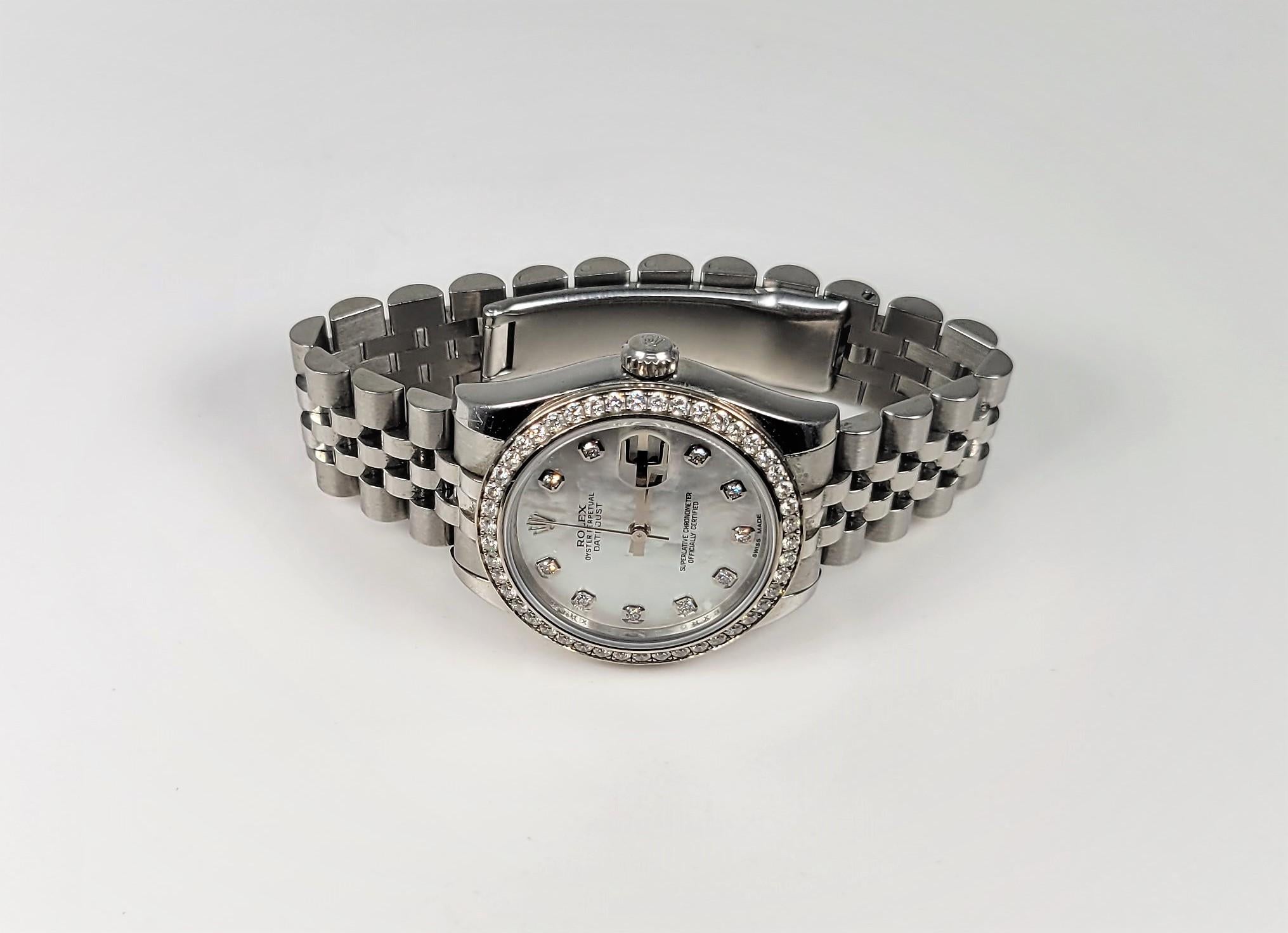 Round Cut 18 Karat White Gold Stainless Steel DiamondOyster Perpetual Datejust Wrist Watch