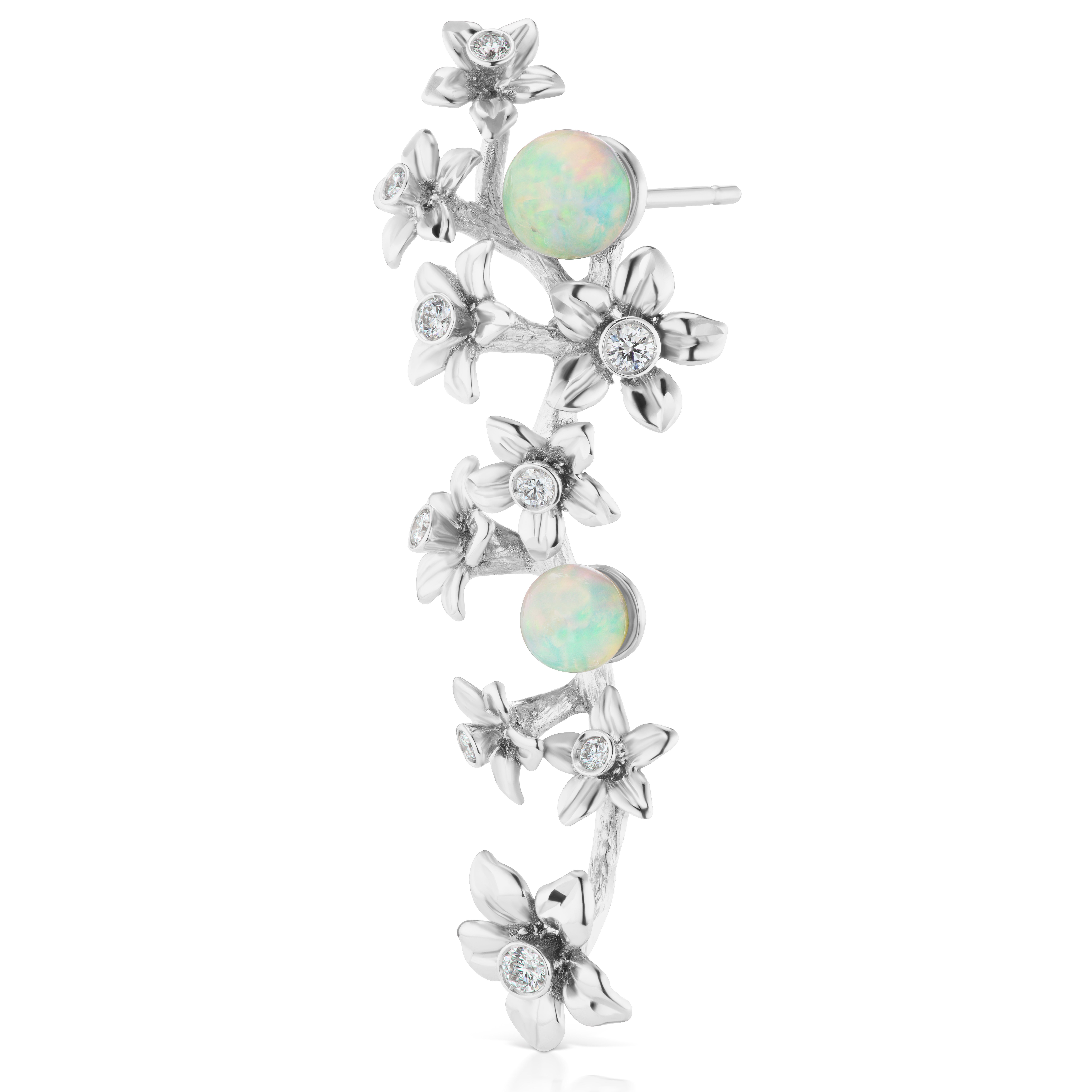 18 Karat White Gold Star Jasmine Vine Earrings with Diamond and Opal Flowers In Excellent Condition For Sale In New York, NY