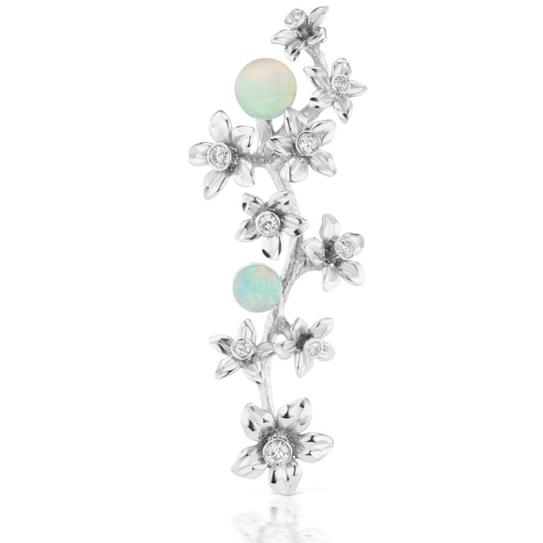 Women's 18 Karat White Gold Star Jasmine Vine Earrings with Diamond and Opal Flowers For Sale