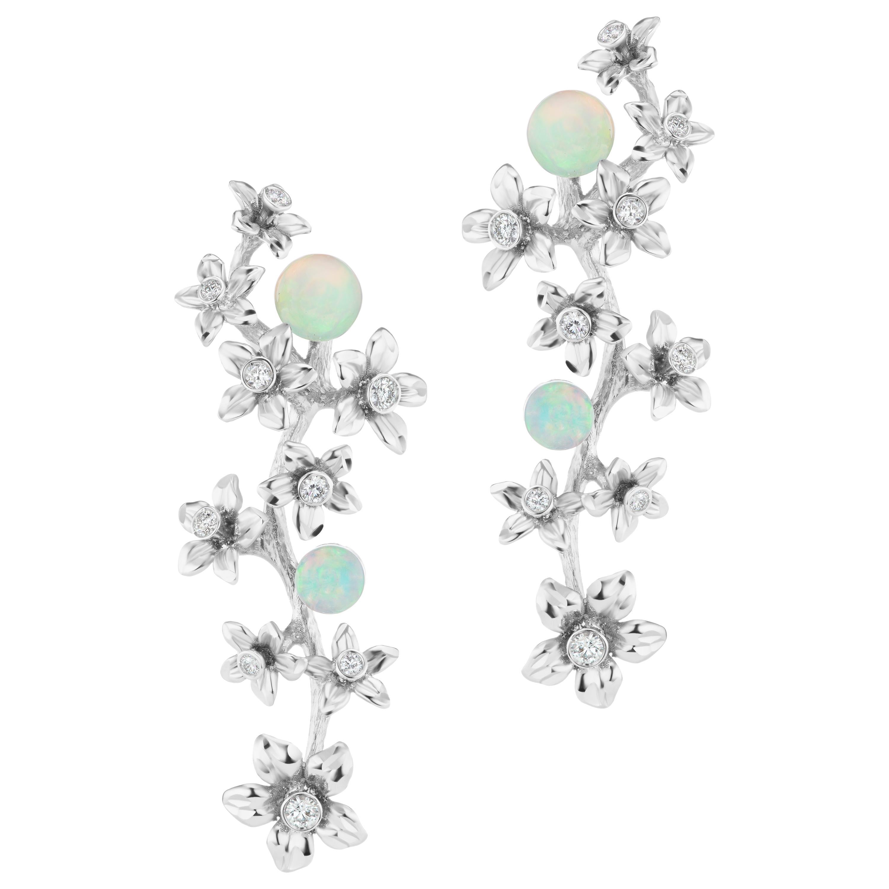 18 Karat White Gold Star Jasmine Vine Earrings with Diamond and Opal Flowers For Sale