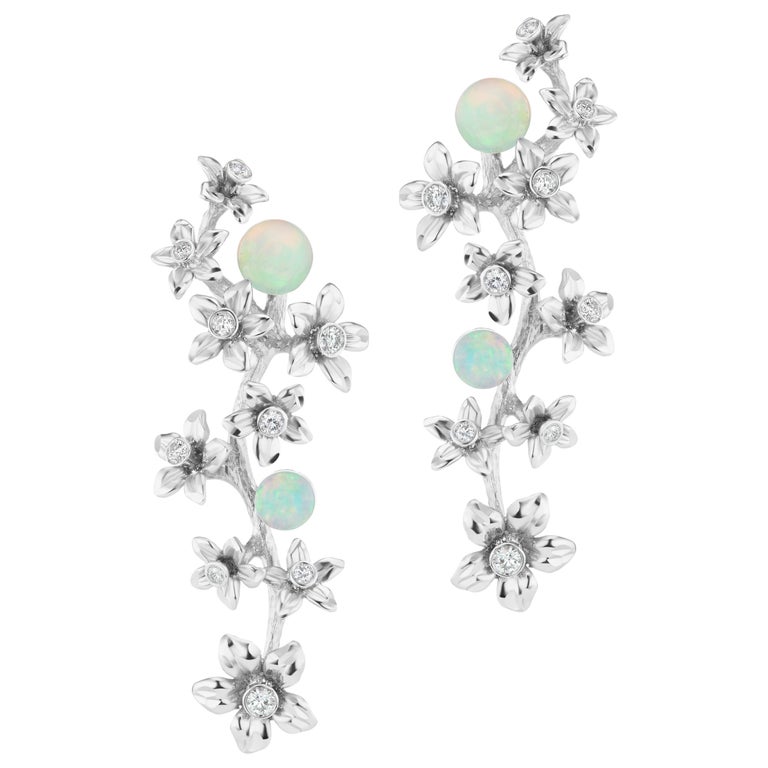 18 Karat White Gold Star Jasmine Vine Earrings with Diamond and Opal Flowers For Sale