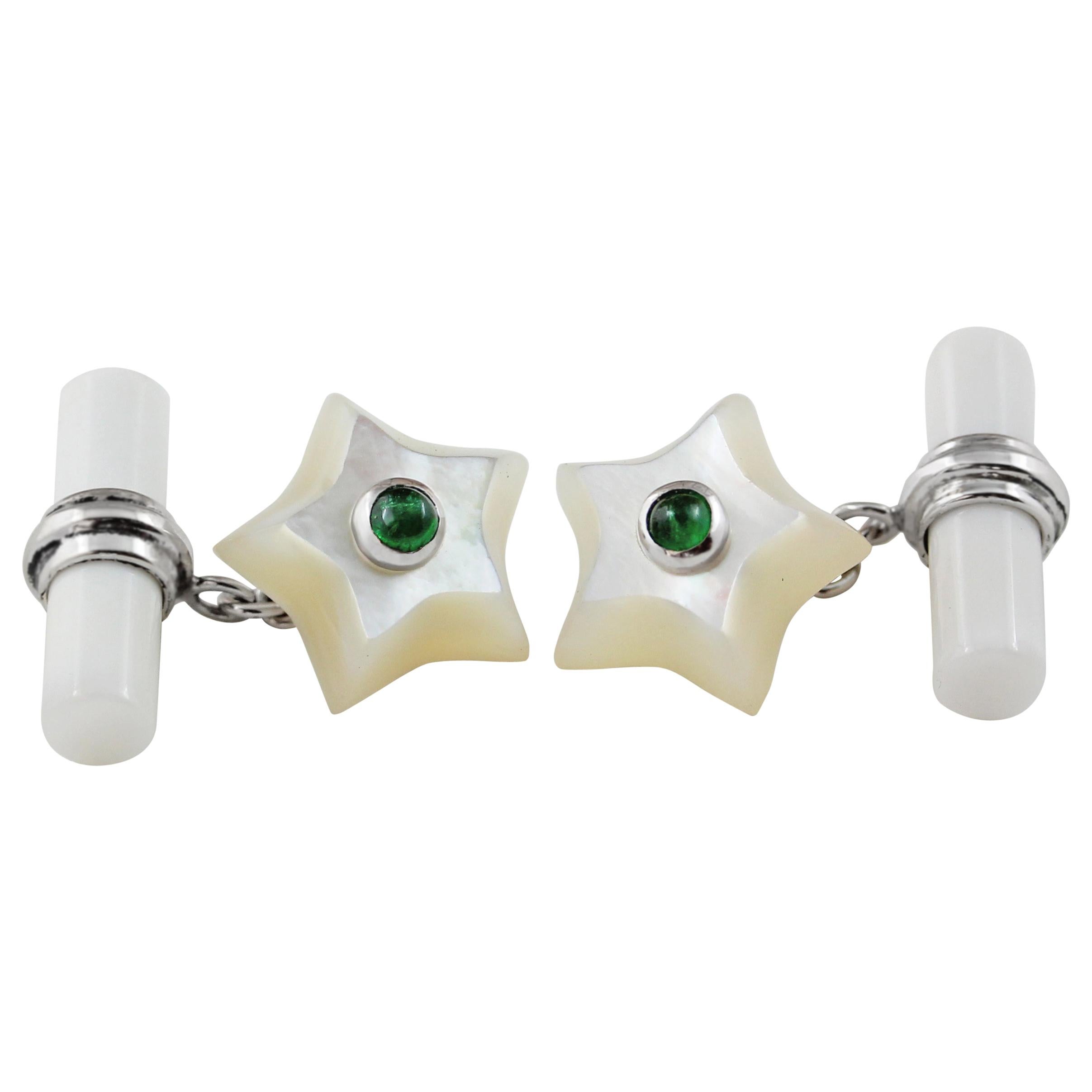 18 Karat White Gold Star Mother of Pearl and Emeralds Cufflinks For Sale