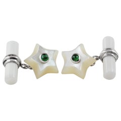 18 Karat White Gold Star Mother of Pearl and Emeralds Cufflinks