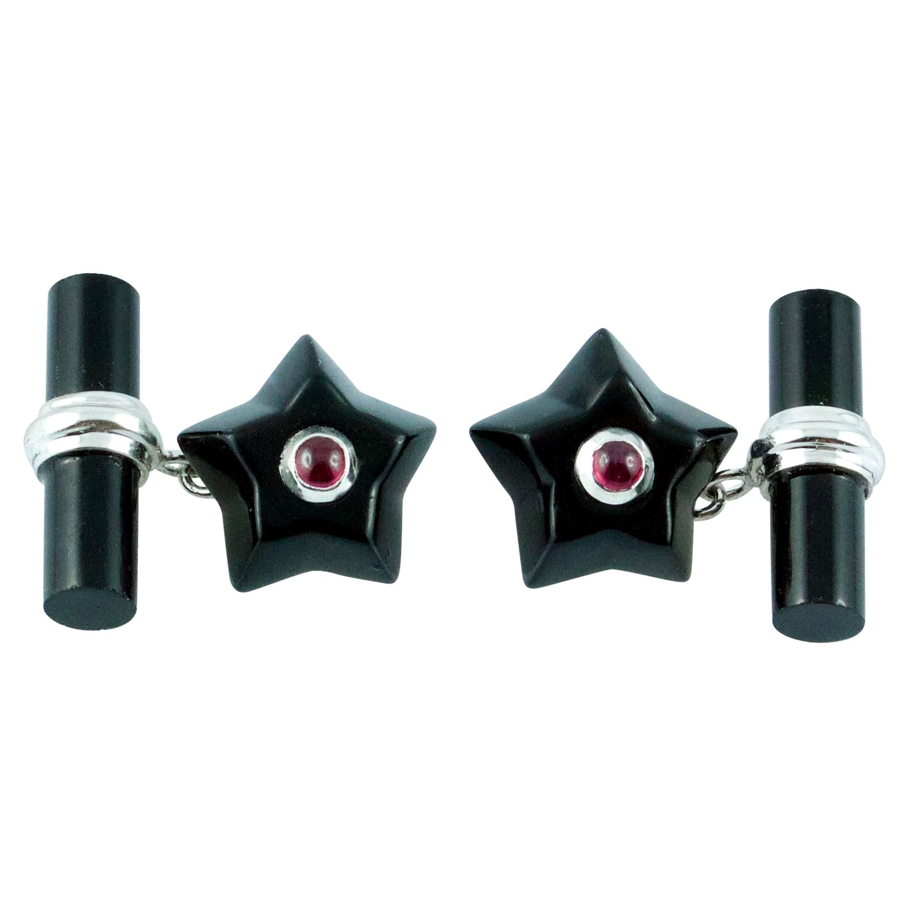 18 Karat White Gold Star Onyx and Ruby Cufflinks