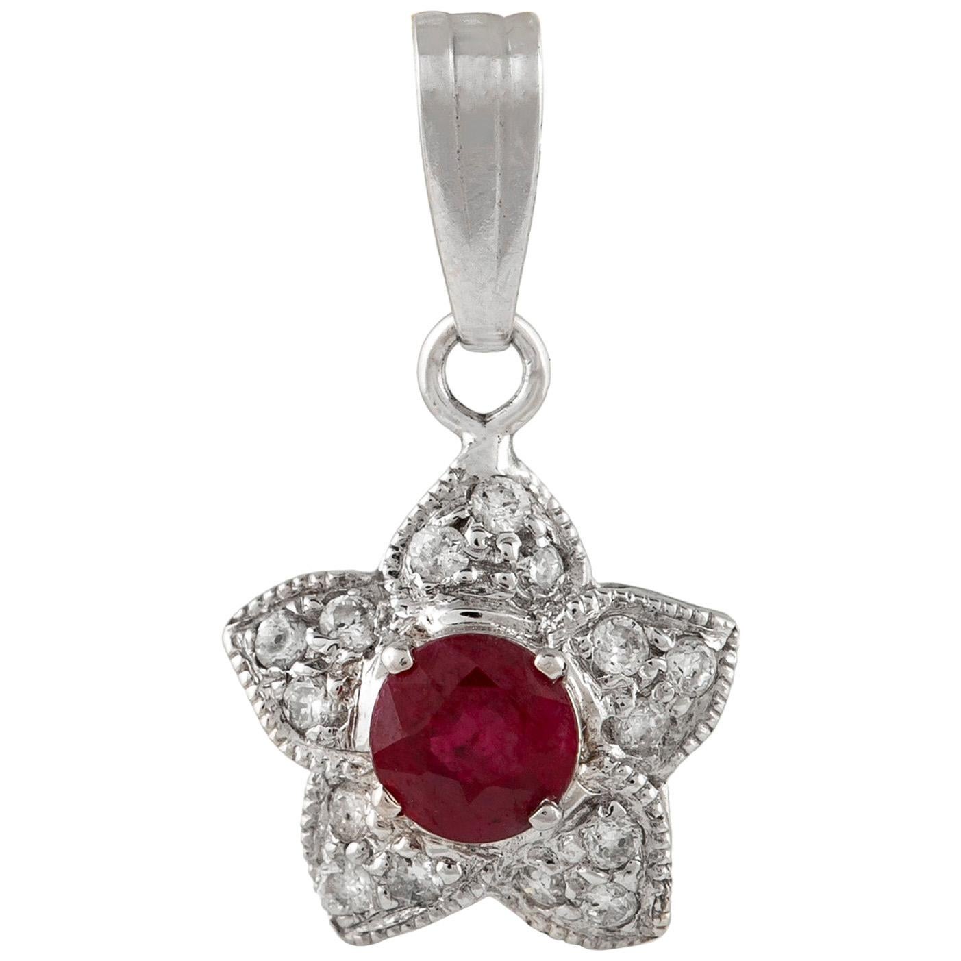 18 Karat White Gold Star with Center Ruby and Diamonds Pendant For Sale