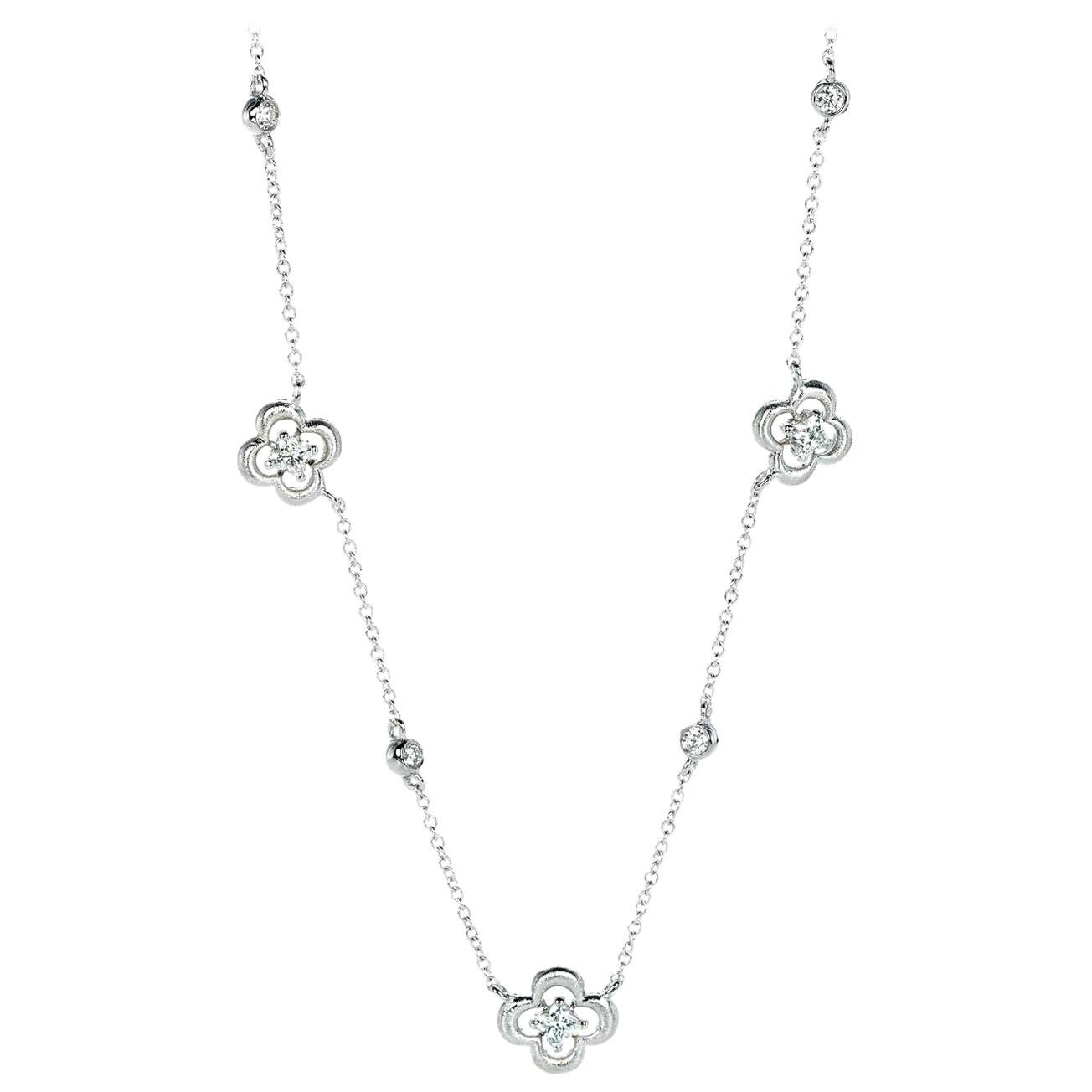 18 Karat White Gold Station Diamond Flower Necklace 0.75 Carat Total