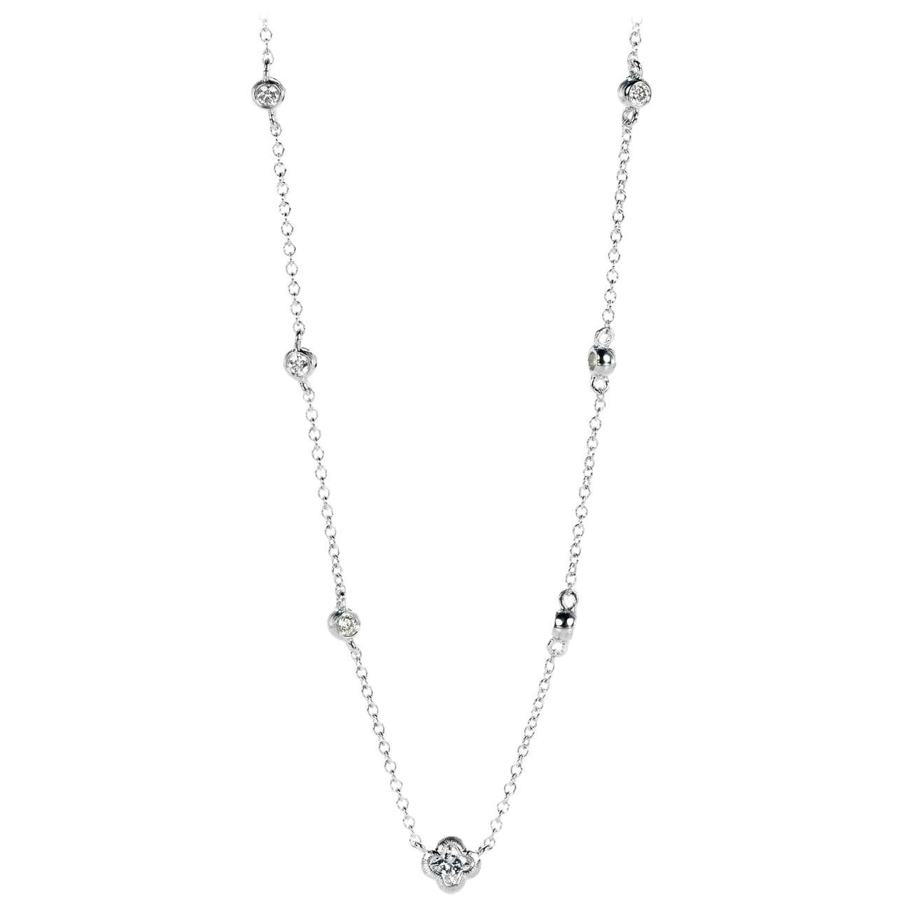 18 Karat White Gold Station Diamond Round and Flower Necklace 0.38 Carat Total For Sale