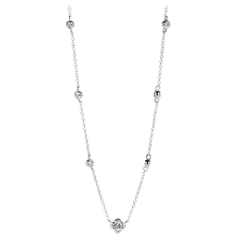 18 Karat White Gold Station Diamond Round and Flower Necklace 0.38 Carat Total For Sale