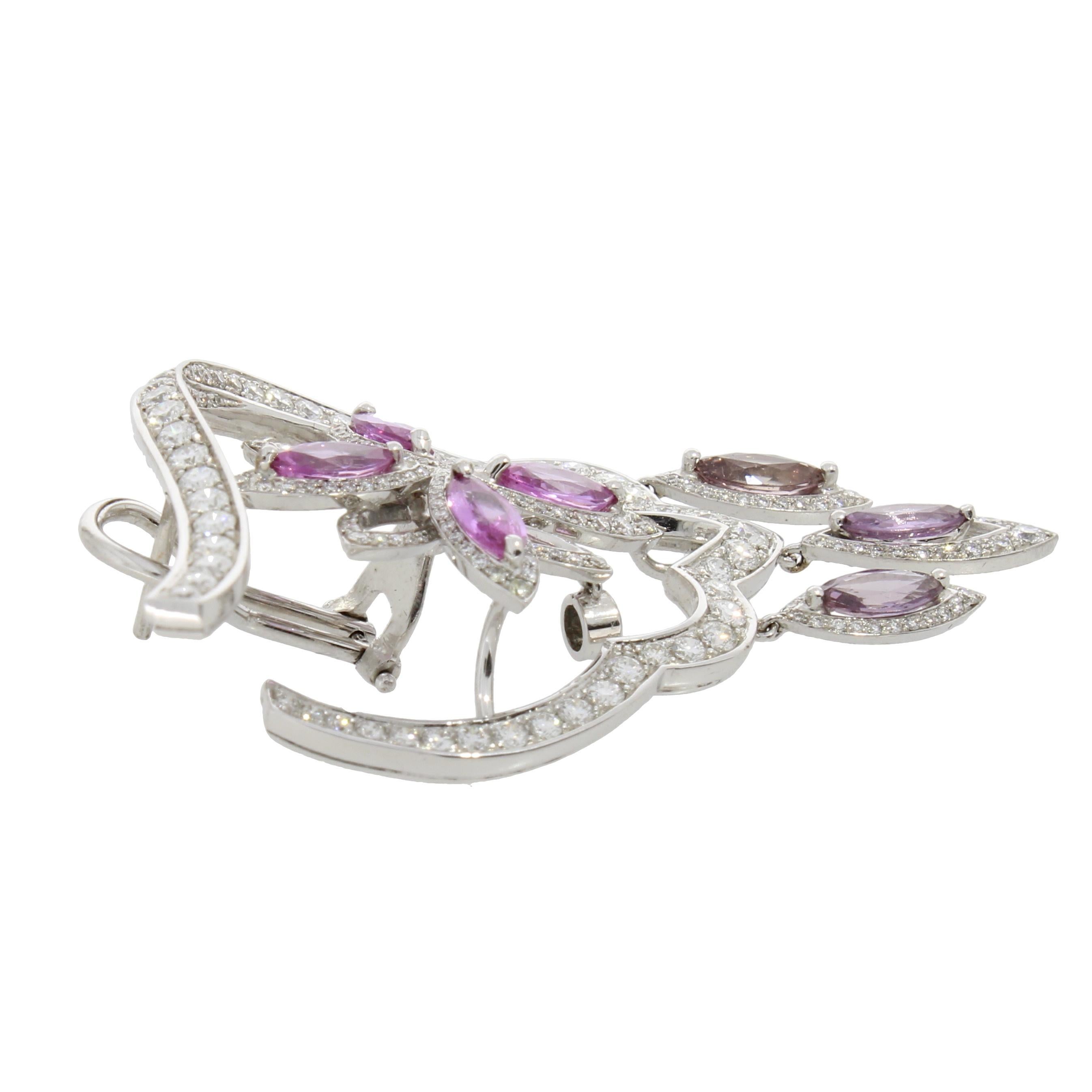 Marquise Cut 18 Karat White Gold Stella Pink Sapphire and Diamond Earrings For Sale