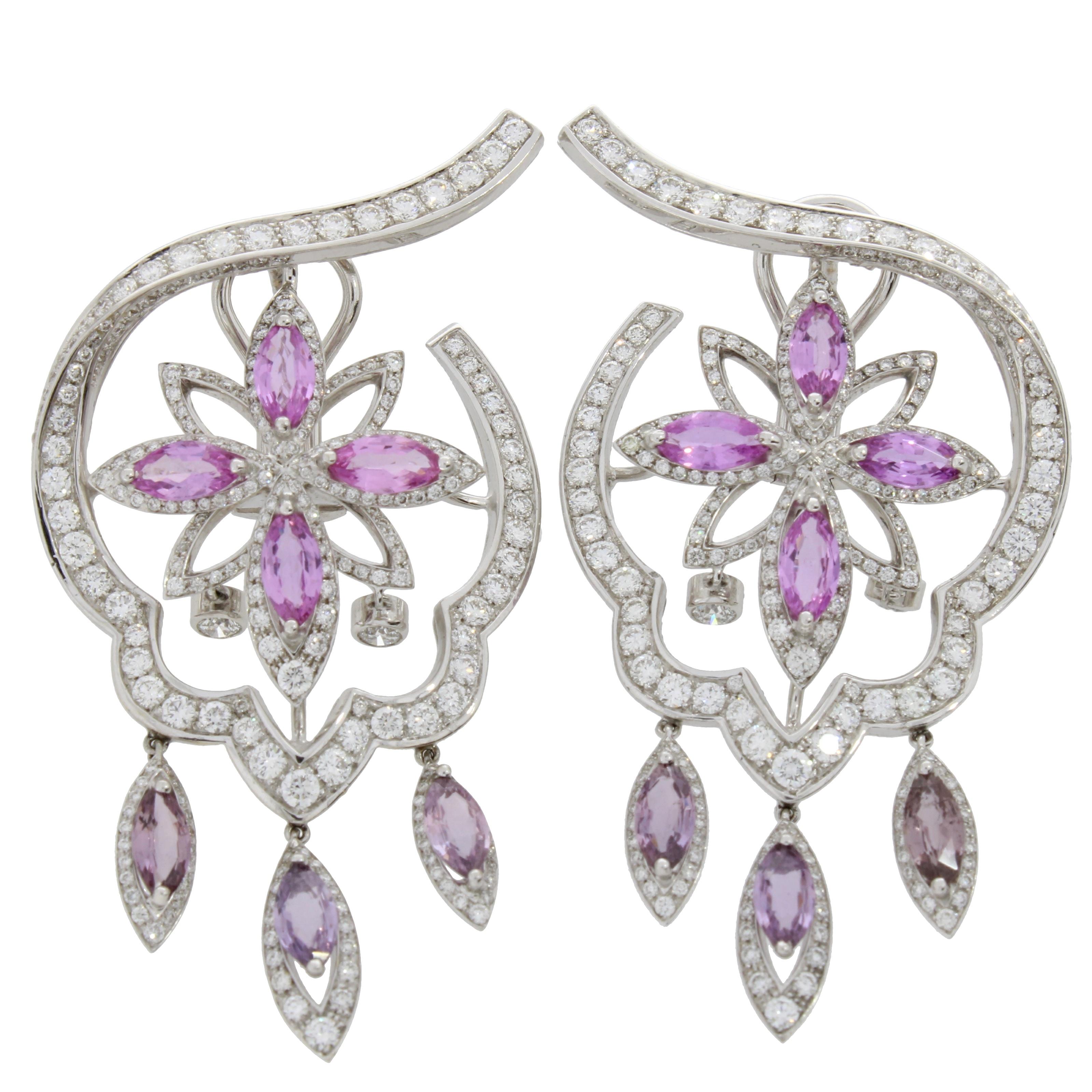 18 Karat White Gold Stella Pink Sapphire and Diamond Earrings In New Condition For Sale In London, GB